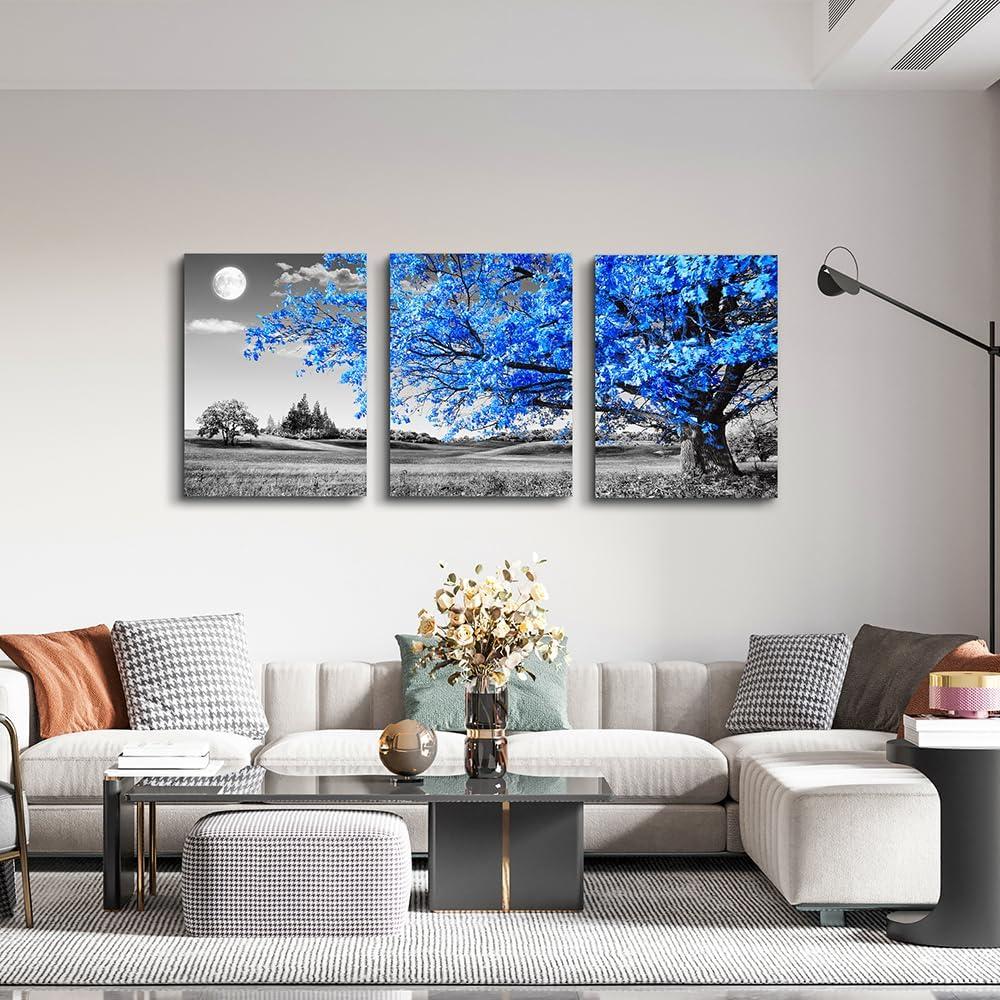 Wall Art For Living Room black and white Blue tree moon Canvas Wall Decor for Home artwork Painting 12" x 16" 3 Pieces Canvas Print For bedroom Decor Modern Salon kitchen office Hang a picture