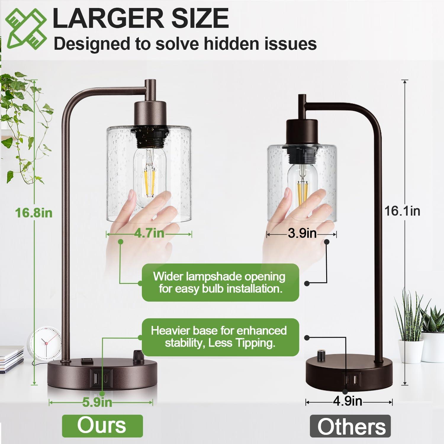 【Upgraded】Set of 2 Industrial Table Lamps with 2 USB Port, Fully Stepless Dimmable Bedside Lamps for Bedroom, Nightstand Desk Lamps with Glass Shade for Bedroom Living Room Office 2 LED Bulb Included