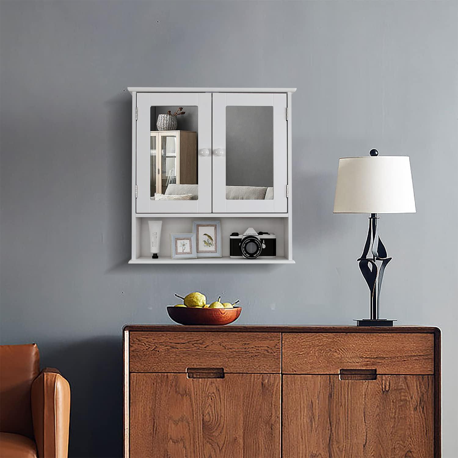 Medicine Cabinet, Medicine Cabinets For Bathroom With Mirror 2 Doors 3 Open Shelf, Bathroom Cabinet Wall Mounted Wooden Storage Over Toilet Laundry Room Kitchen