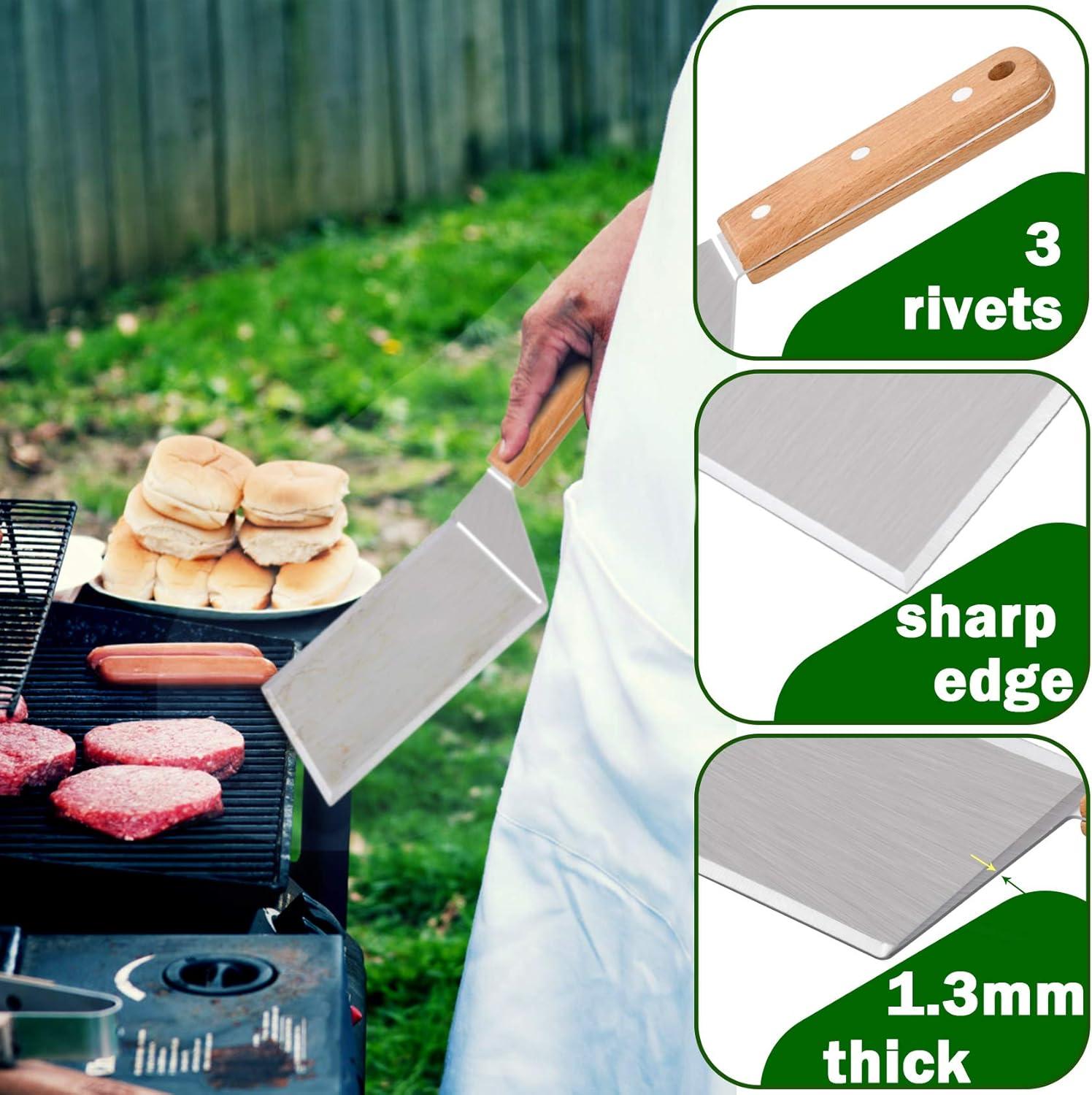 Metal Spatula Set of 2, Leonyo Stainless Steel Griddle Hamburger Spatula, as Barbecue Turner Grilling BBQ Griddle Accessories, Triple Rivets & 2 x S Hook, Heavy Duty & Easy Press