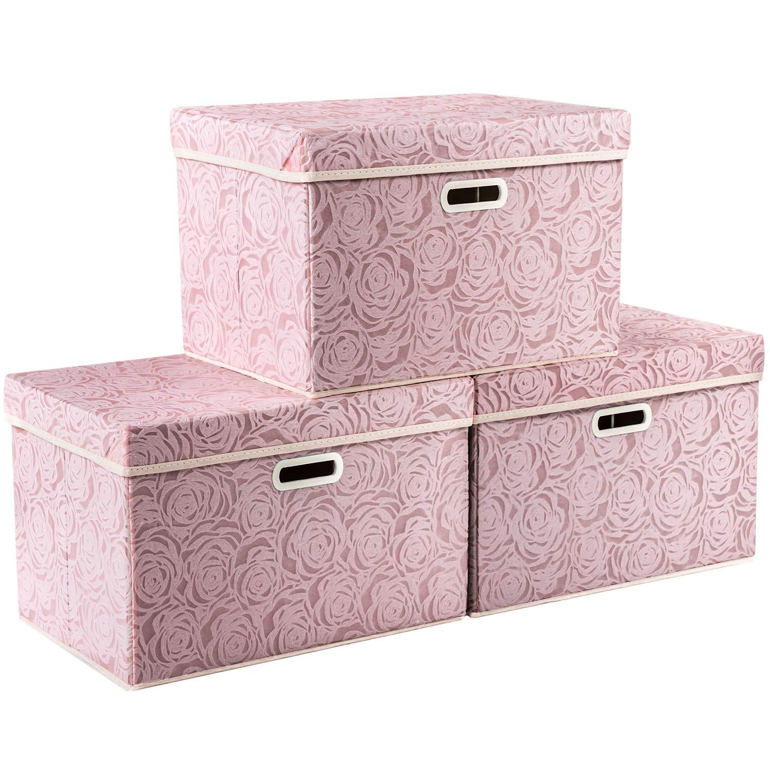 Prandom Larger Foldable Storage Boxes with Lid,Rose Pattern Fabric Decorative Storage Box,Cubes Organizers,Baskets with Handles,For Bedroom,Closet, Living Room,Pink,45x30x30cm[3-Pack]