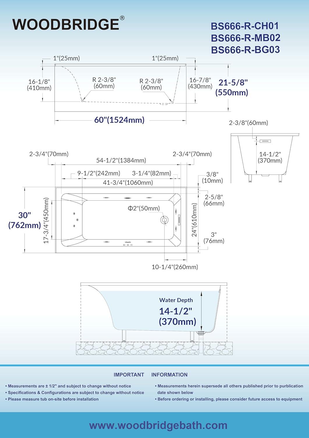 WoodBridge 60" X 30" Alcove Acrylic Rectangular Whirlpool Heated Jetted Tub In White With Drain and Overflow BS666-R-CH01
