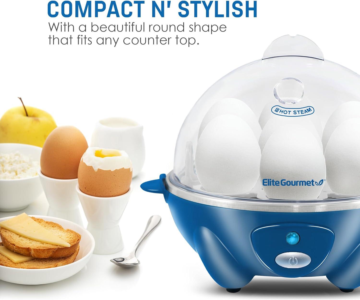 Elite Gourmet EGC700BL# Rapid Egg Cooker, 7 Easy-To-Peel, Hard, Medium, Soft Boiled Eggs, Poacher, Omelet Maker, Auto Shut-Off, Alarm, 16-Recipe Booklet, BPA-Free, Ocean