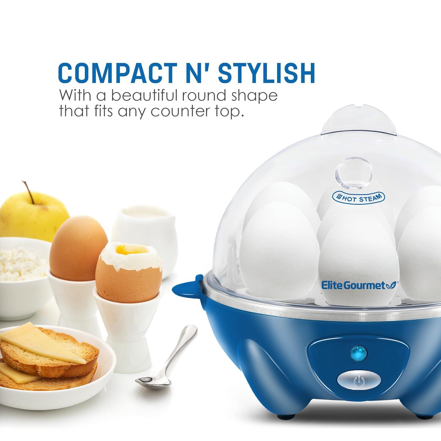 Elite Gourmet EGC700BL# Rapid Egg Cooker, 7 Easy-To-Peel, Hard, Medium, Soft Boiled Eggs, Poacher, Omelet Maker, Auto Shut-Off, Alarm, 16-Recipe Booklet, BPA-Free, Ocean