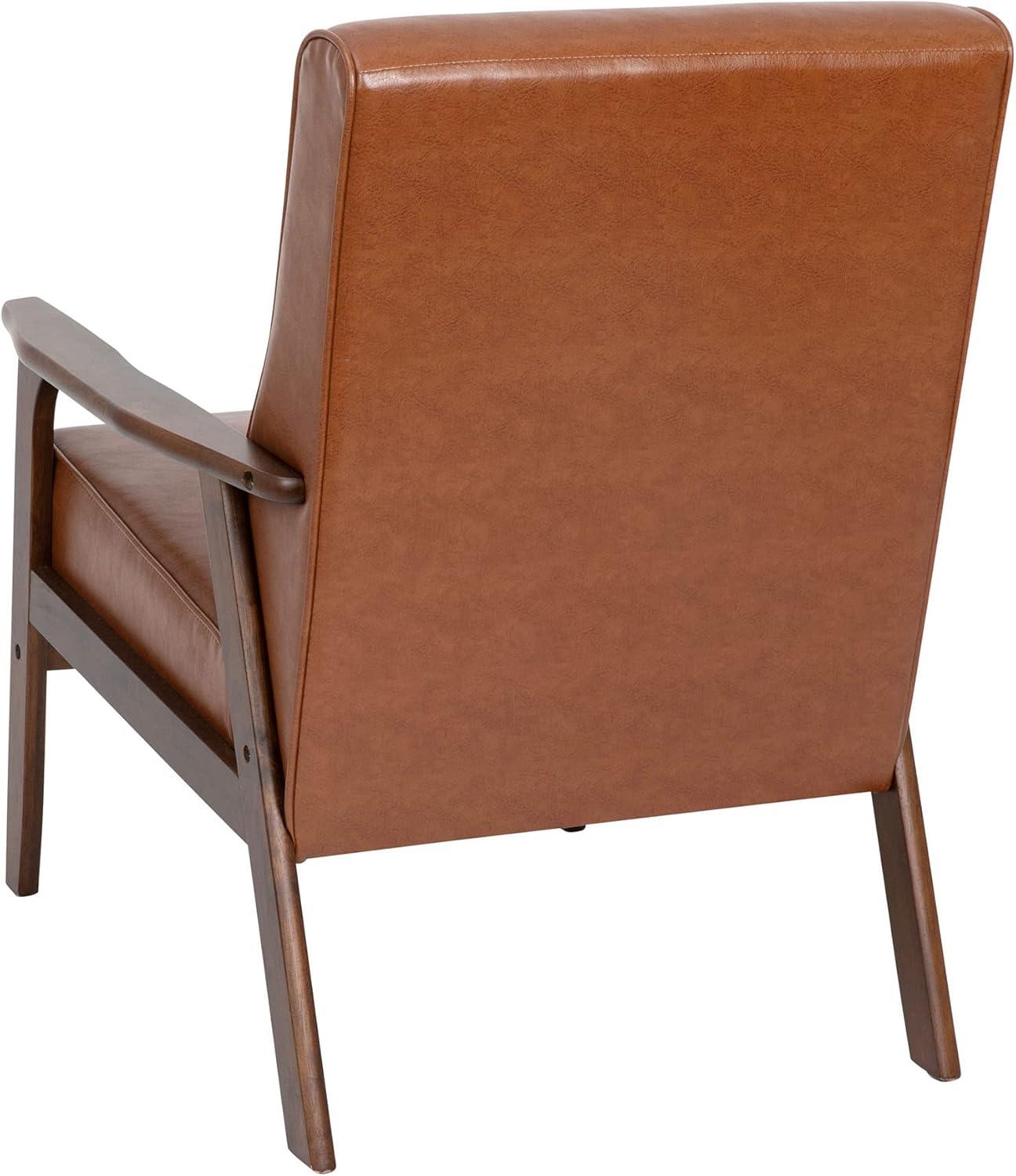 Cognac LeatherSoft Mid-Century Modern Accent Chair with Walnut Wooden Frame