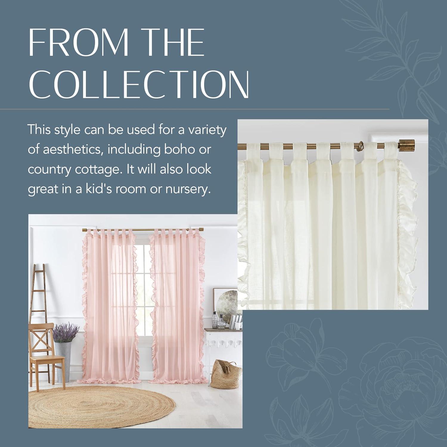 Bella Tab-Top Ruffle Cottagecore Single Sheer Window Curtain Panel - 52" x 95" - Ivory - Elrene Home Fashions