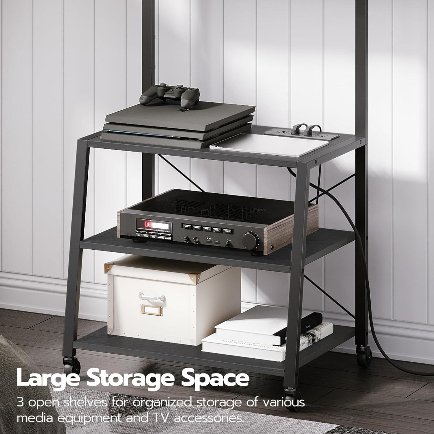 HOOBRO Rolling TV Stand with Mount and Power Outlet Up to 55 inch TVs, Corner Entertainment Center, Small TV Stand with 3-Tier Storage Shelves for Living Room, Bedroom, Black BB66UDS01