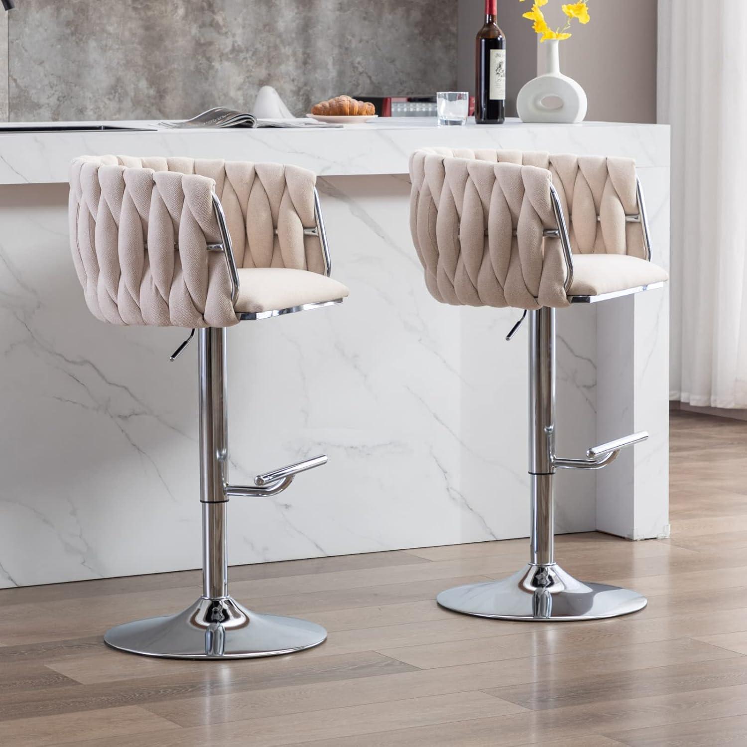 Adjustable Beige Linen Swivel Bar Stools with Silver Base