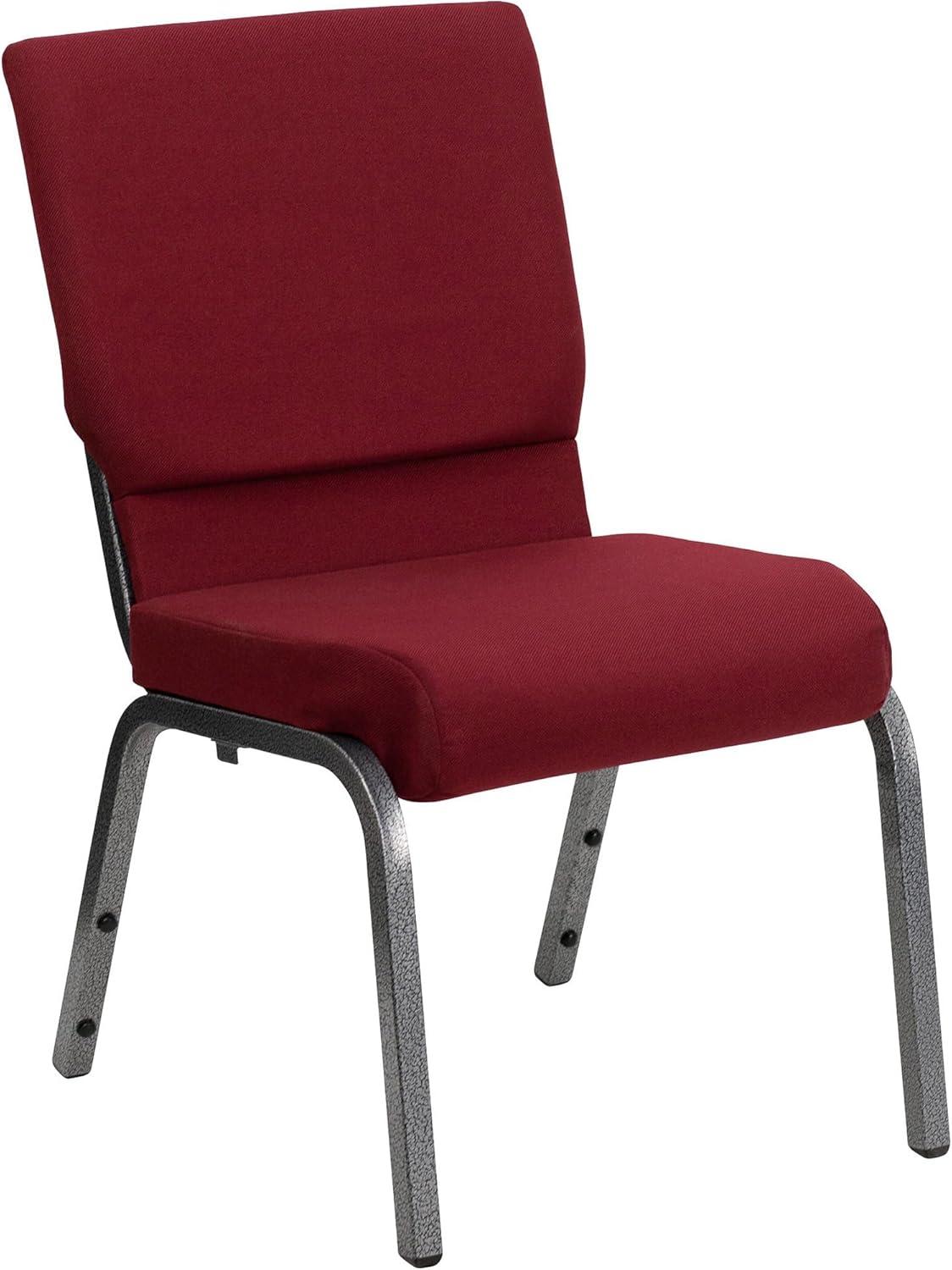 Burgundy Fabric Armless Stacking Chair with Silver Steel Frame