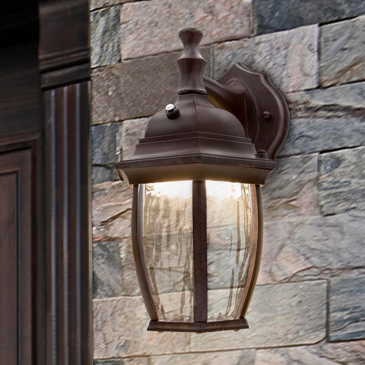 Maxxima LED Outdoor Wall Light, Aged Bronze w/Clear Water Glass, Dusk to Dawn Sensor, 580 Lumens Warm White