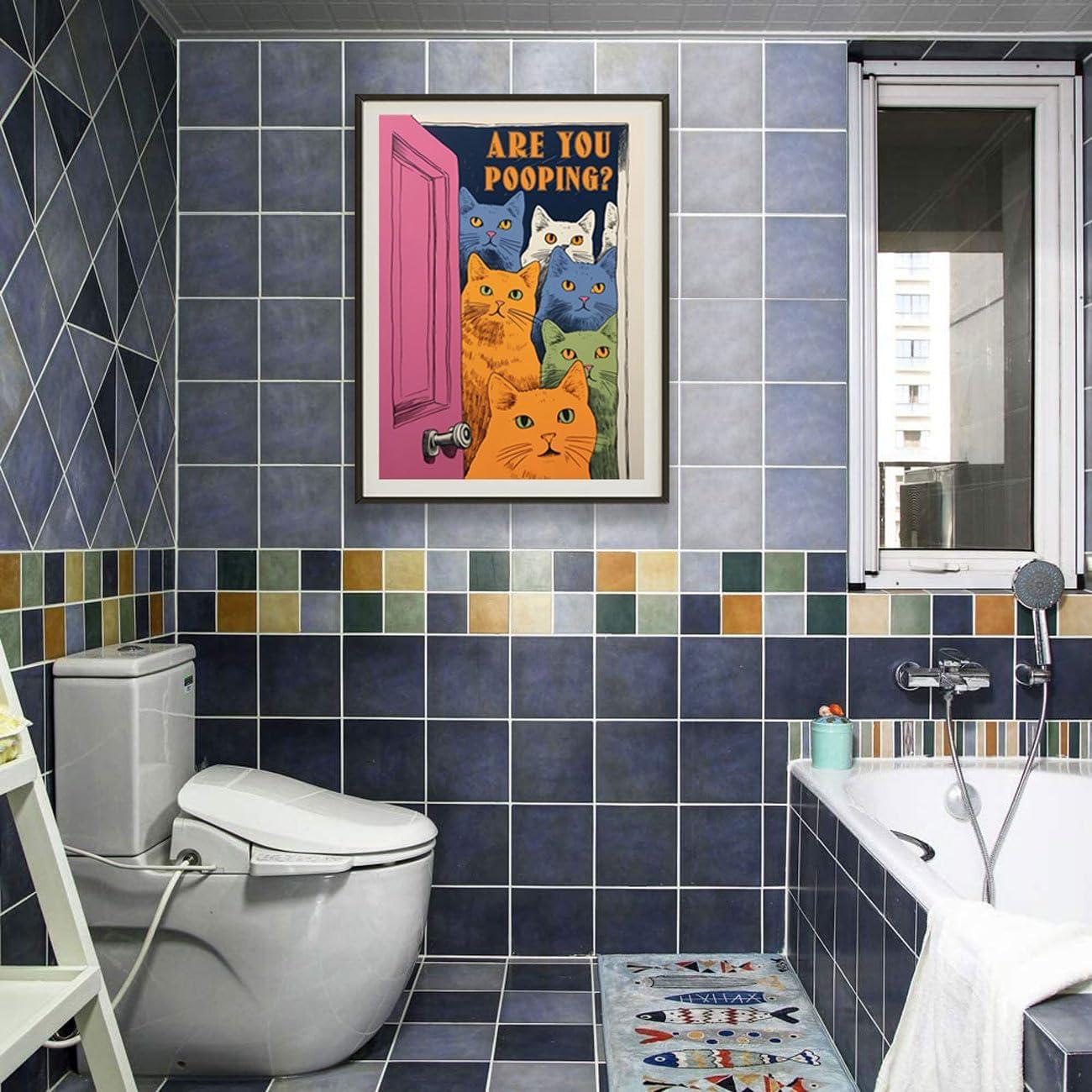 Funny Bathroom Cat Print Poster, Funky Are You Pooping Cat Sign Canvas Wall Art, Quirky Cats Witty Humor Pictures Artwork for Toilet Wall Decor 12x16in Unframed