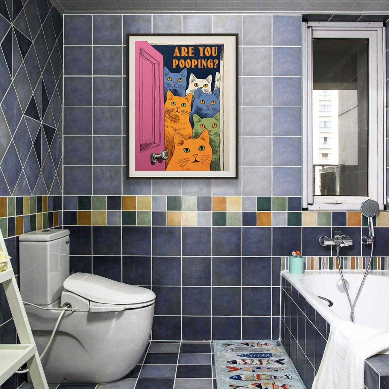 Funny Bathroom Cat Print Poster, Funky Are You Pooping Cat Sign Canvas Wall Art, Quirky Cats Witty Humor Pictures Artwork for Toilet Wall Decor 12x16in Unframed