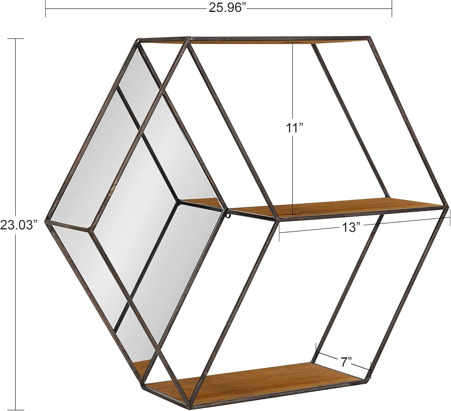 HexaShelf Rustic Brown Floating Hexagon Wall Shelf with Mirror