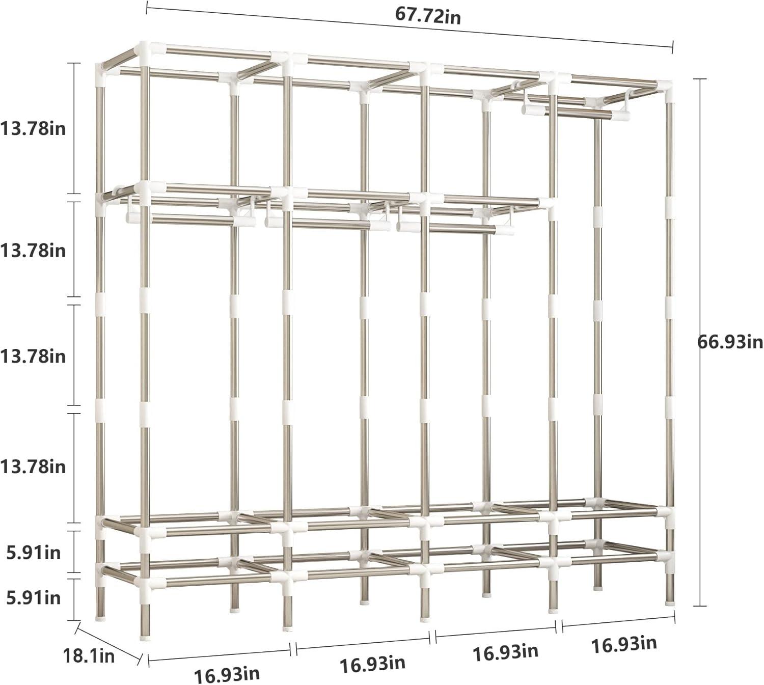 Large Portable Wardrobe with 4 Hanging Rods and Drawers, Armoire, Metal Storage Wardrobe Hangers, Upgraded Grey Non-Woven Dust Cover for Handing Closet,Large Closets for Bedroom
