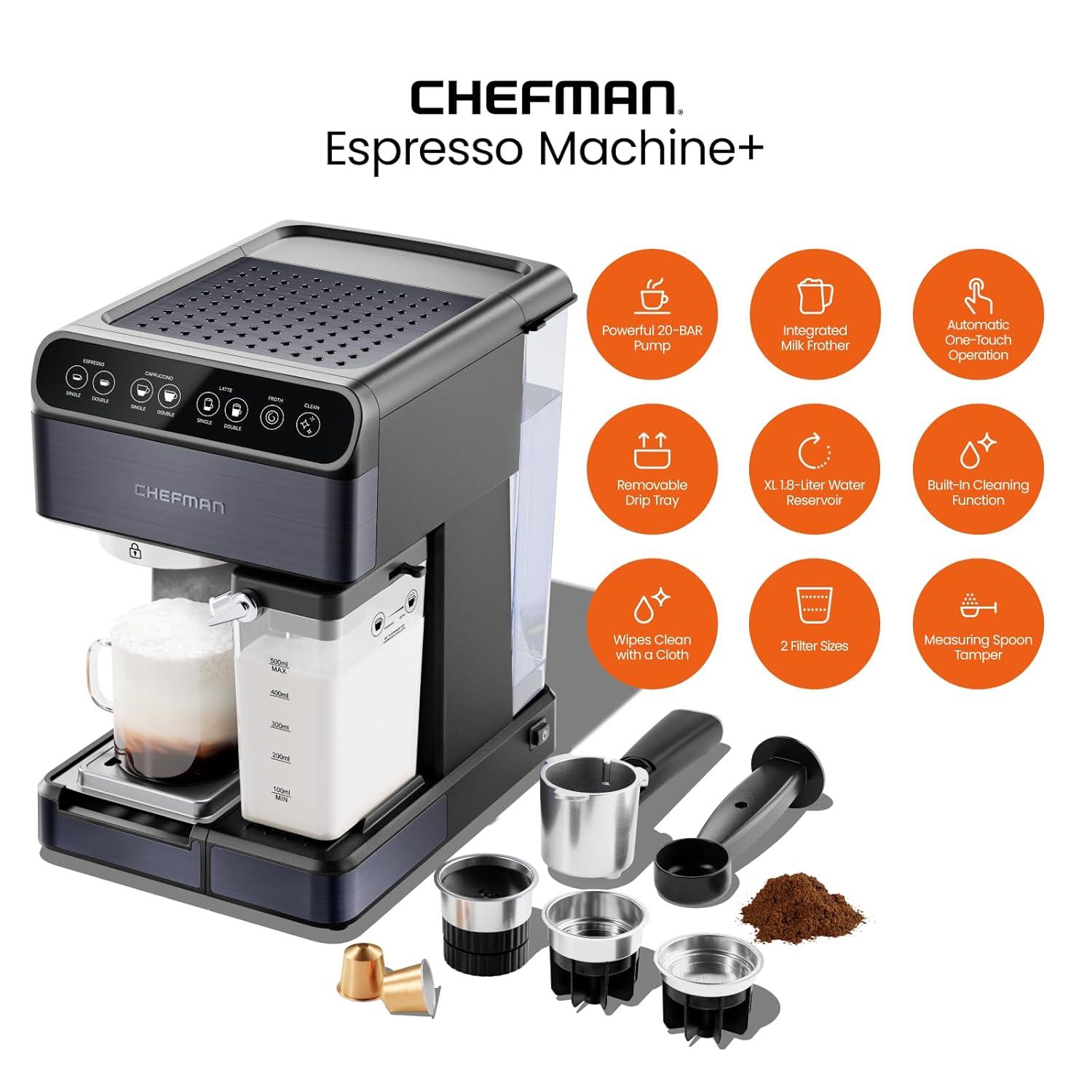 Chefman Barista Pro Plus Espresso Machine w/ Milk Frother, 20 Bar Pump, Black Stainless Steel