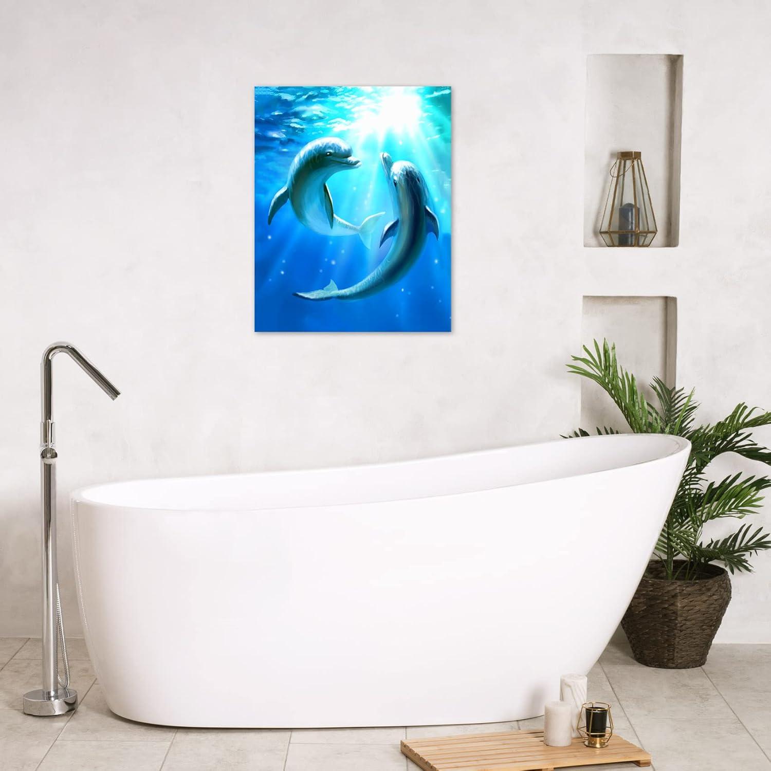 HVEST Dolphin Canvas Wall Art Cute Dolphins Playing Under Sea with Sunshine Picture Printing Artwork for Living Room Bedroom Bathroom Wall Decor,Stretched and Framed Ready to Hang,12x16 Inches