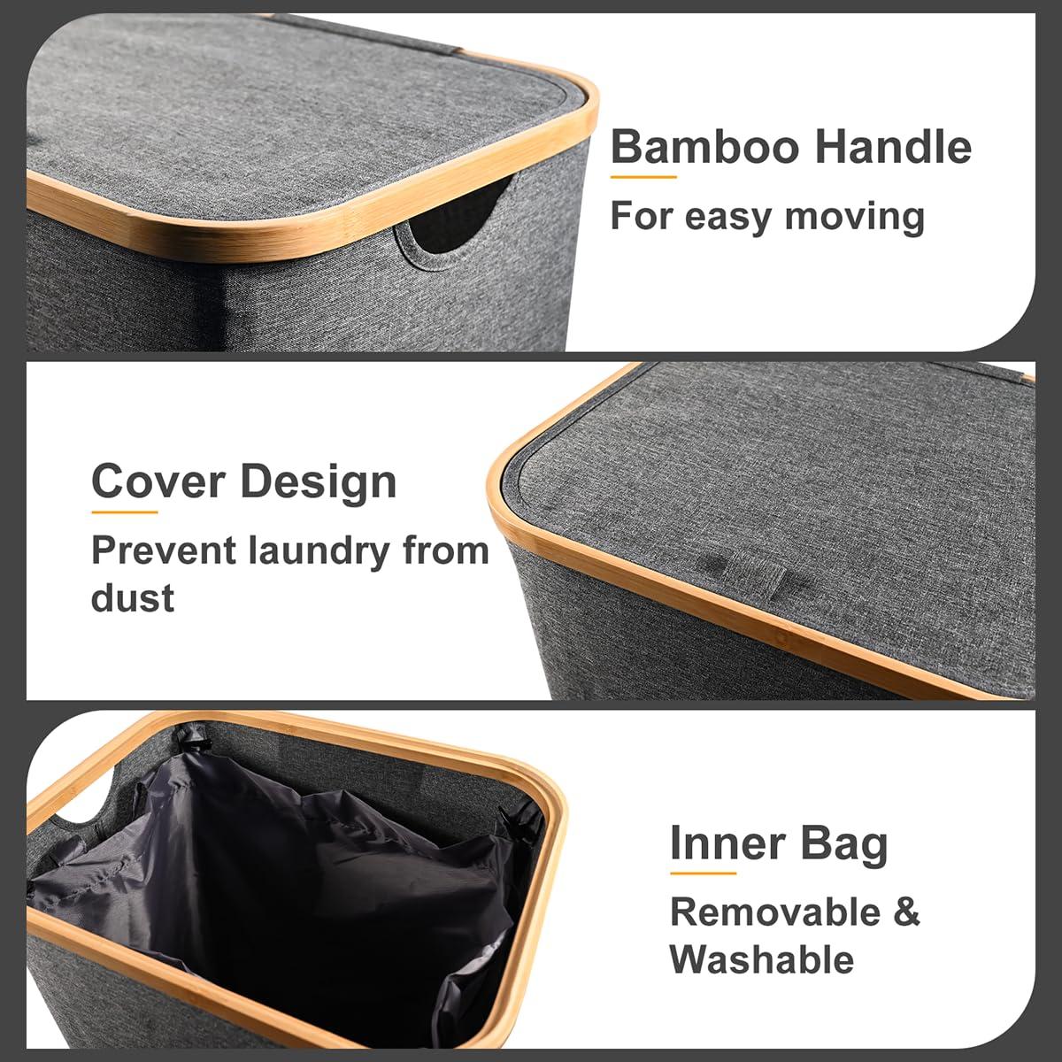 Efluky Laundry Basket with Lid and Removable Bag, 100L Tall Laundry Hamper with Bamboo Handles, Aesthetic Dirty Clothes Bin for Laundry Room, Bathroom, Bedroom and Dorm,Grey