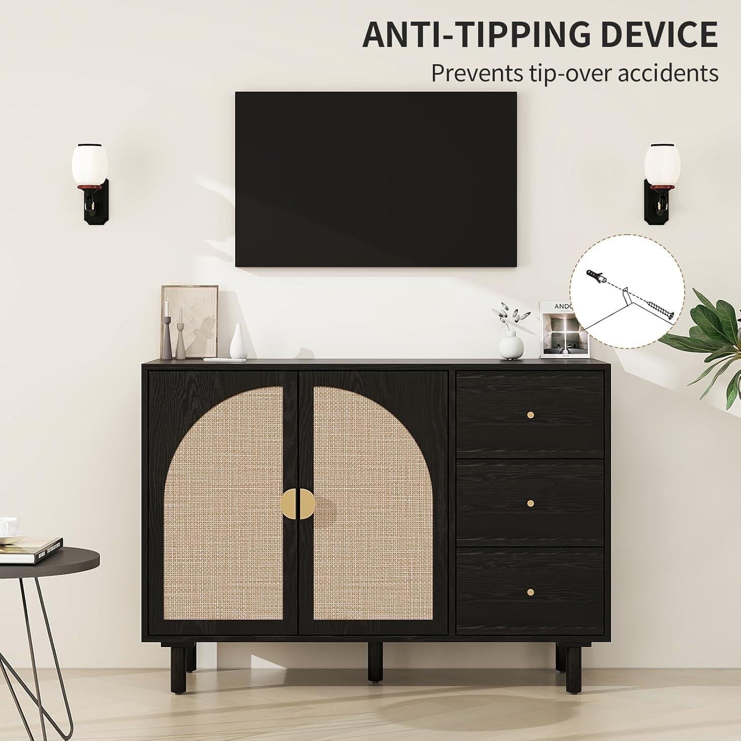 Black and Beige Rattan 2-Door 3-Drawer Sideboard Cabinet