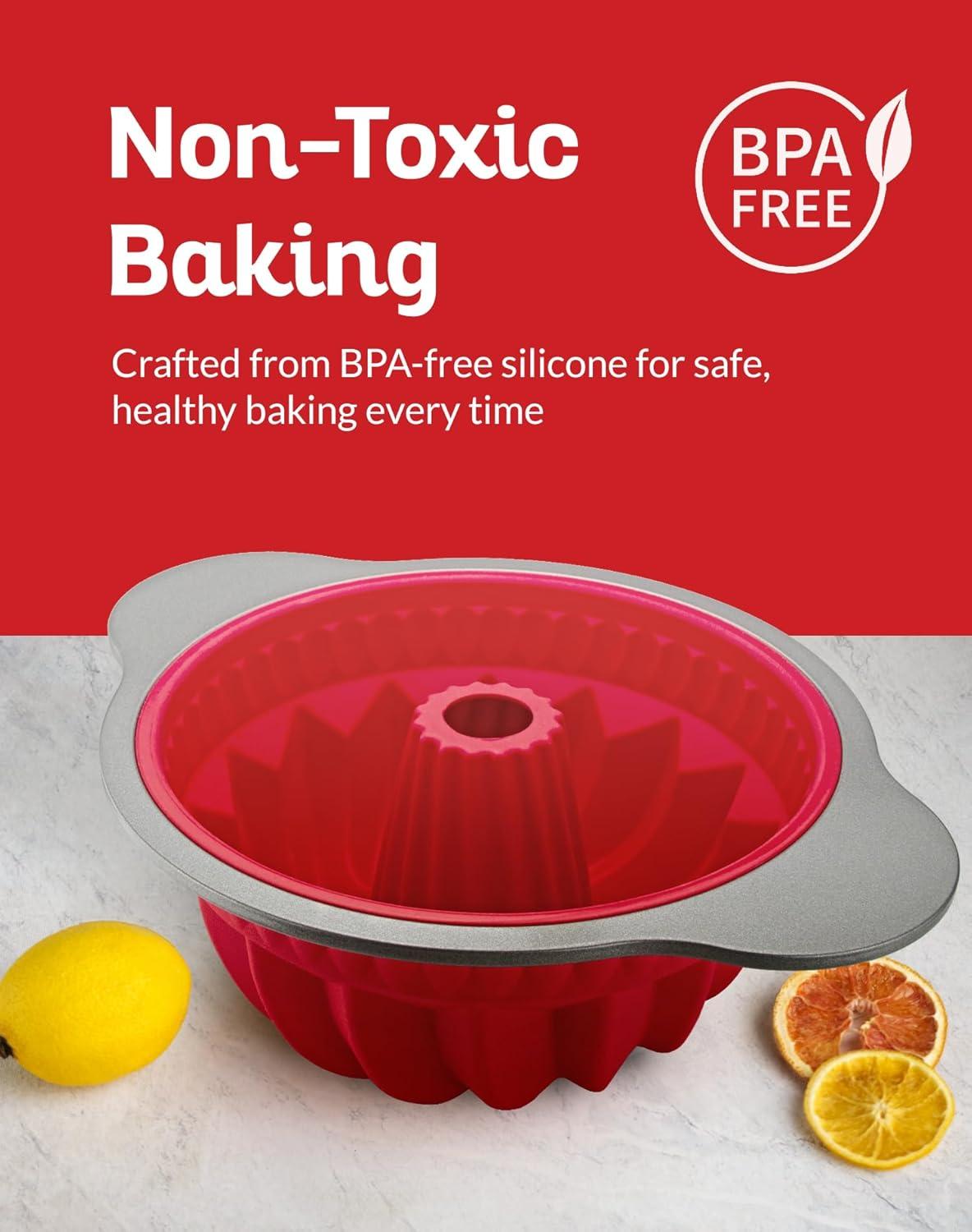 Red Silicone Non-Stick Bundt Cake Pan with Steel Frame