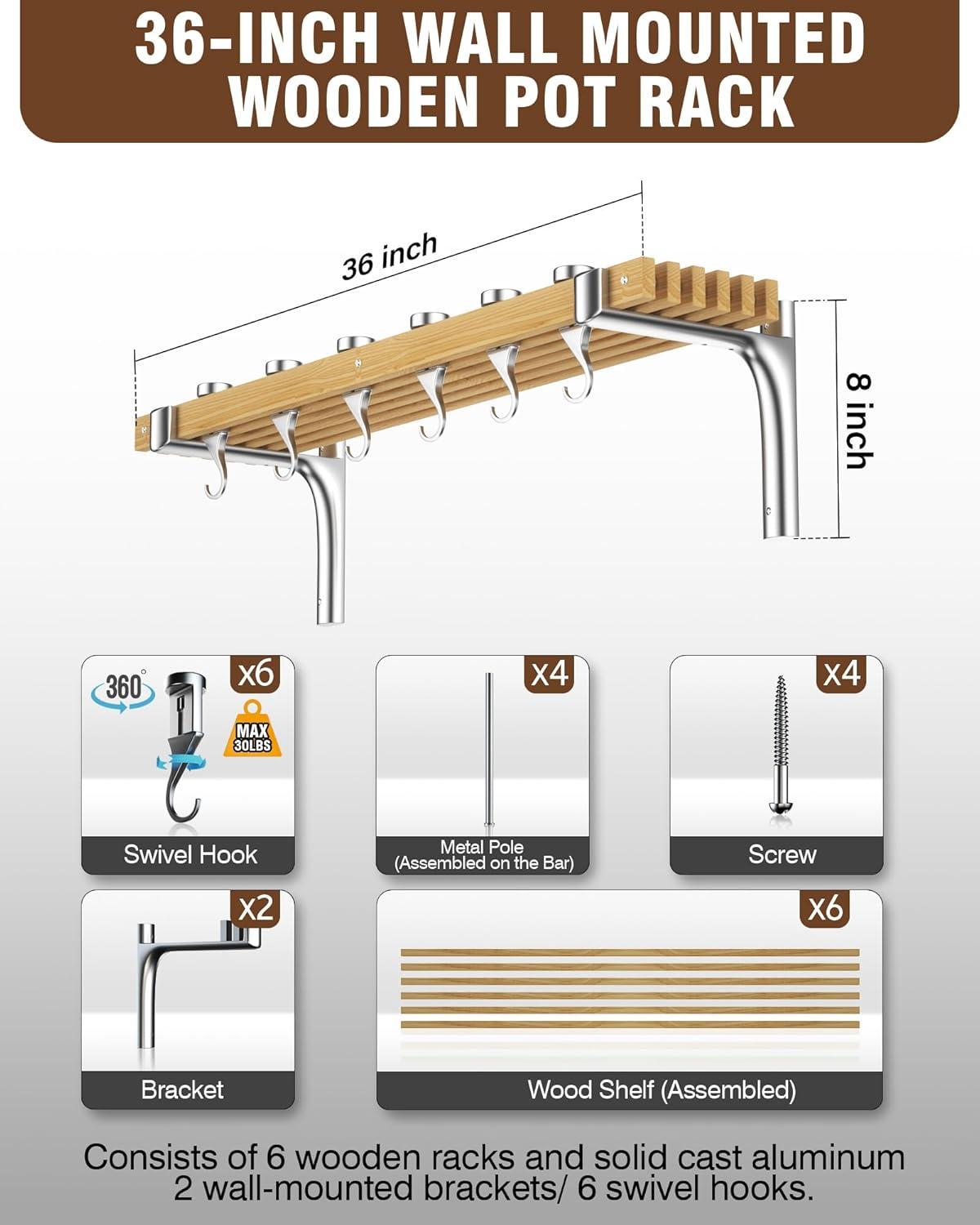 Cooks Standard 36-Inch Wall Mounted Wooden Pot Rack with 6 Solid Cast Aluminum Swivel Hooks, Movable Tracks Type Pan Rack Suitable for Heavy Duty Pots and Pans