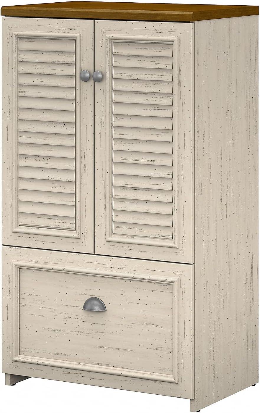 Fairview Storage Cabinet with Drawer White - Bush Furniture: Modern Farmhouse Style, Antique Pewter Hardware