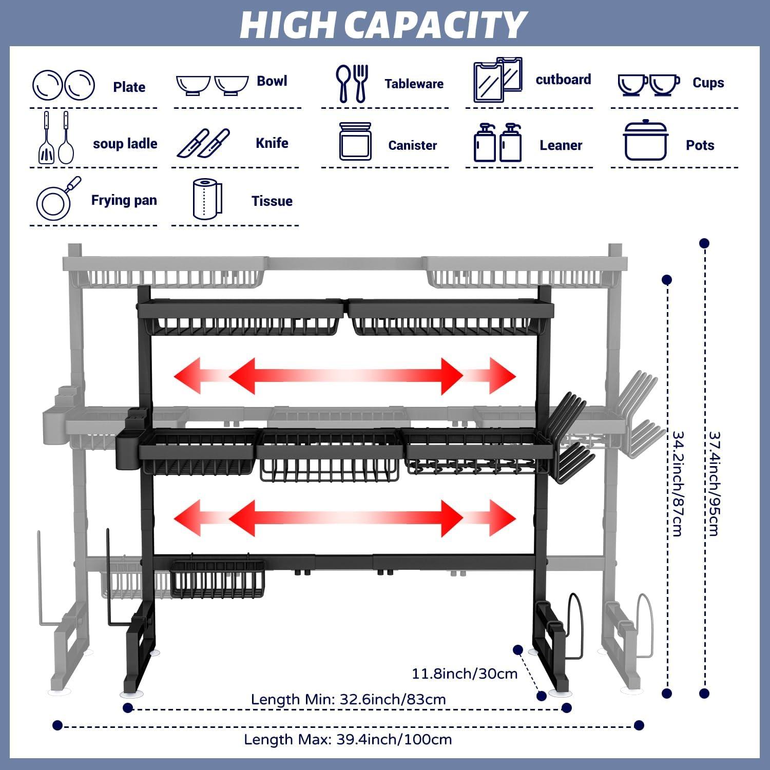 Expandable Black Stainless Steel 3-Tier Over Sink Dish Drying Rack