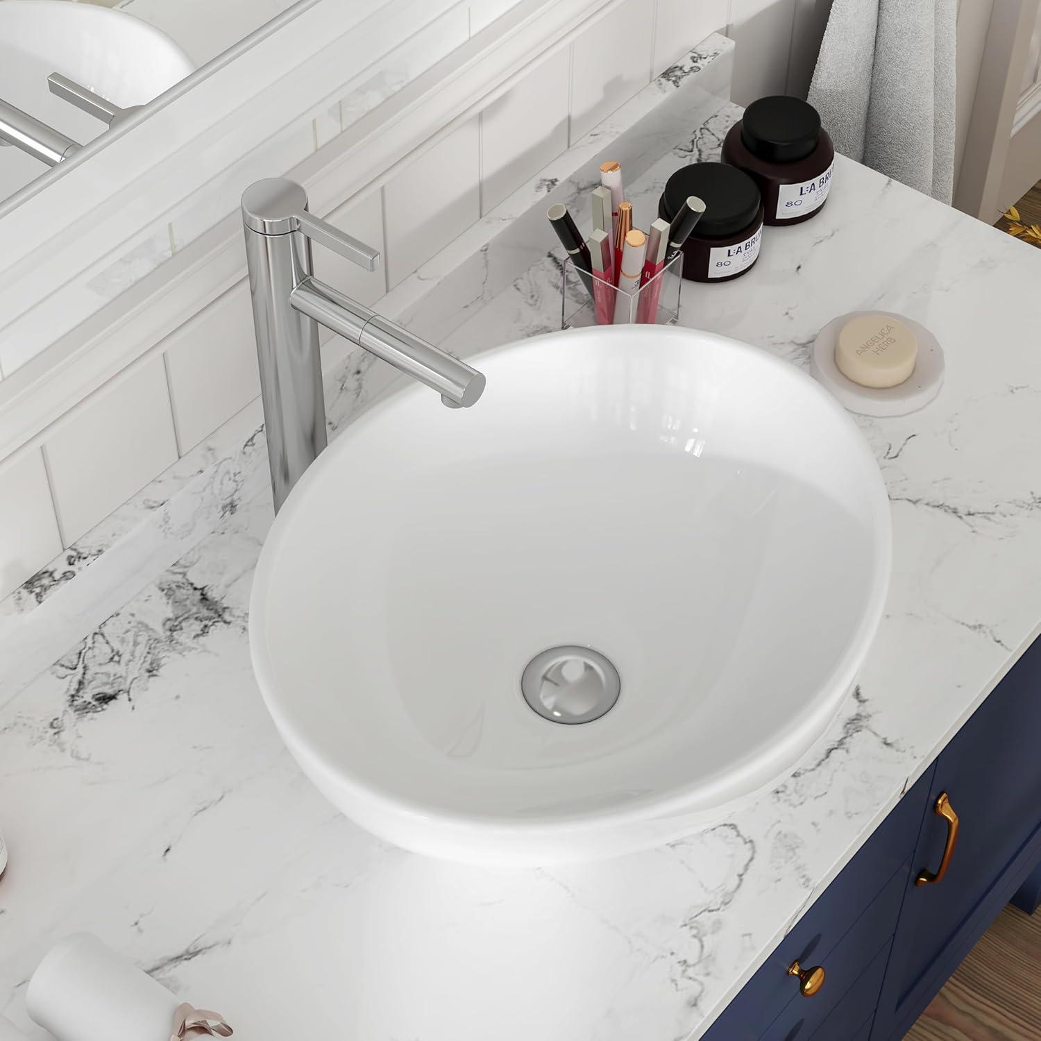 MEJE 16x13-inch Oval White Ceramic Vessel Sink,Modern Egg Shape Bowl, Above Counter Bathroom Vanity Sink