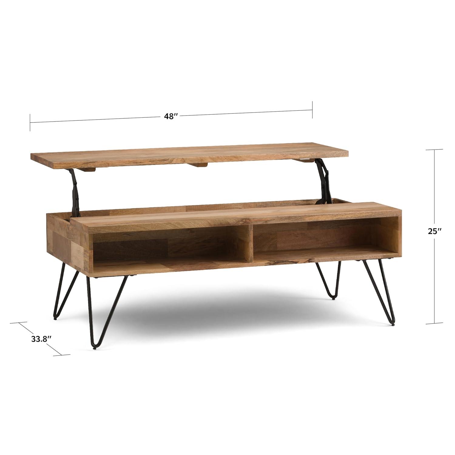 Hunter 48"W Solid Wood Industrial Lift Top Coffee Table with Hidden Storage and Metal Hairpin Legs