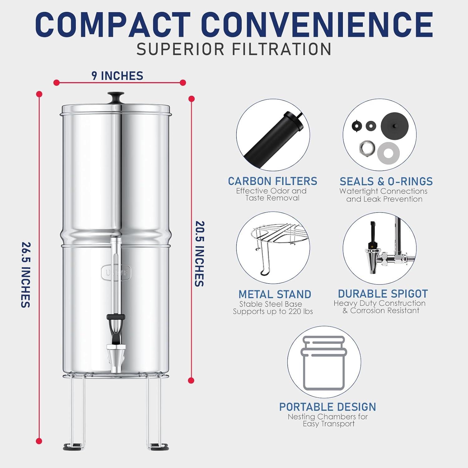 USWF Gravity Fed Water Filter System, 2.25 Gal Stainless Steel, w/ 2 Carbon Filters, Portable w/Metal Sight Glass Spigot & Stand, NSF/ANSI 372 Certified