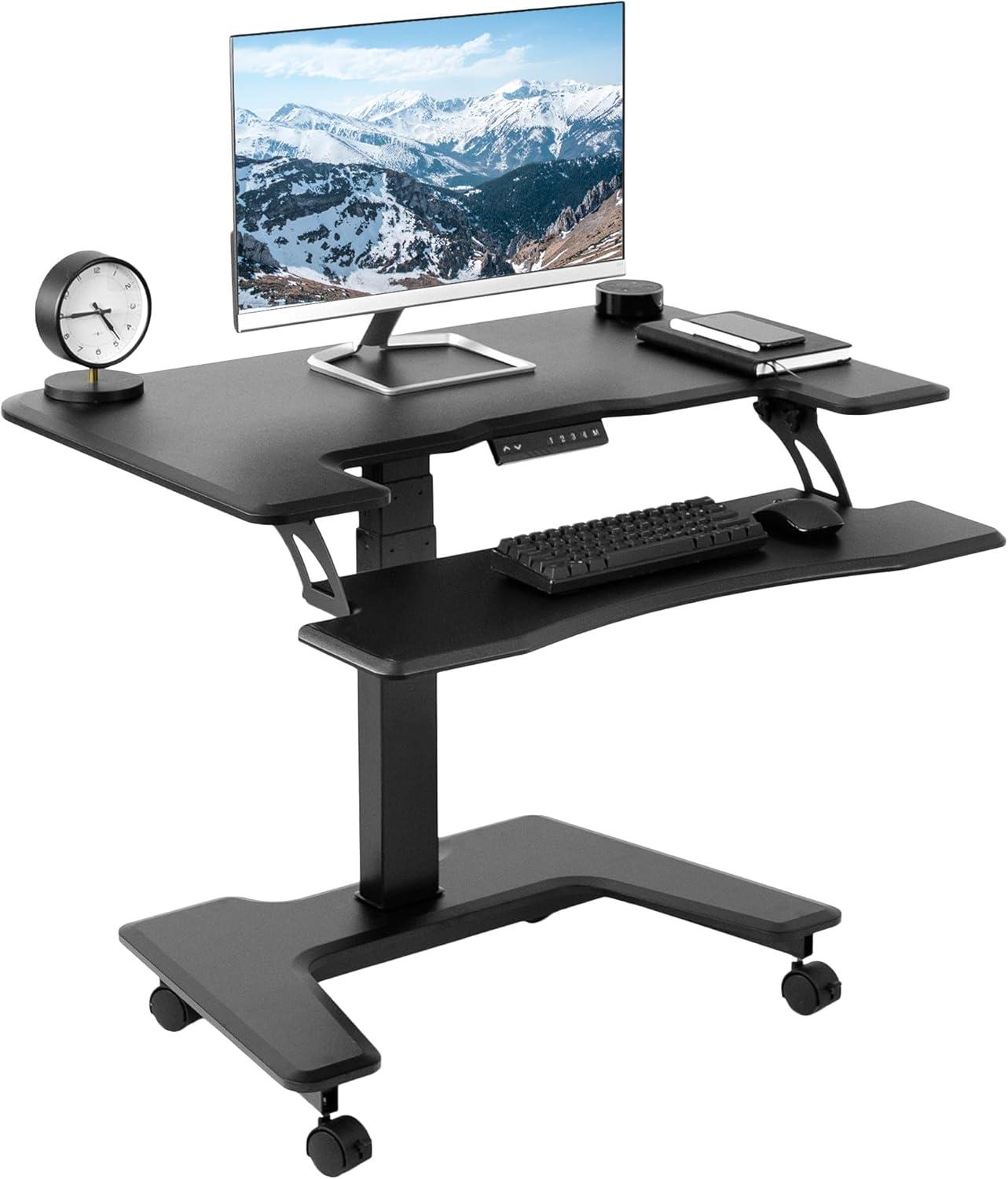 Sleek 36" Black Electric Mobile Standing Desk with Adjustable Height and Keyboard Tray