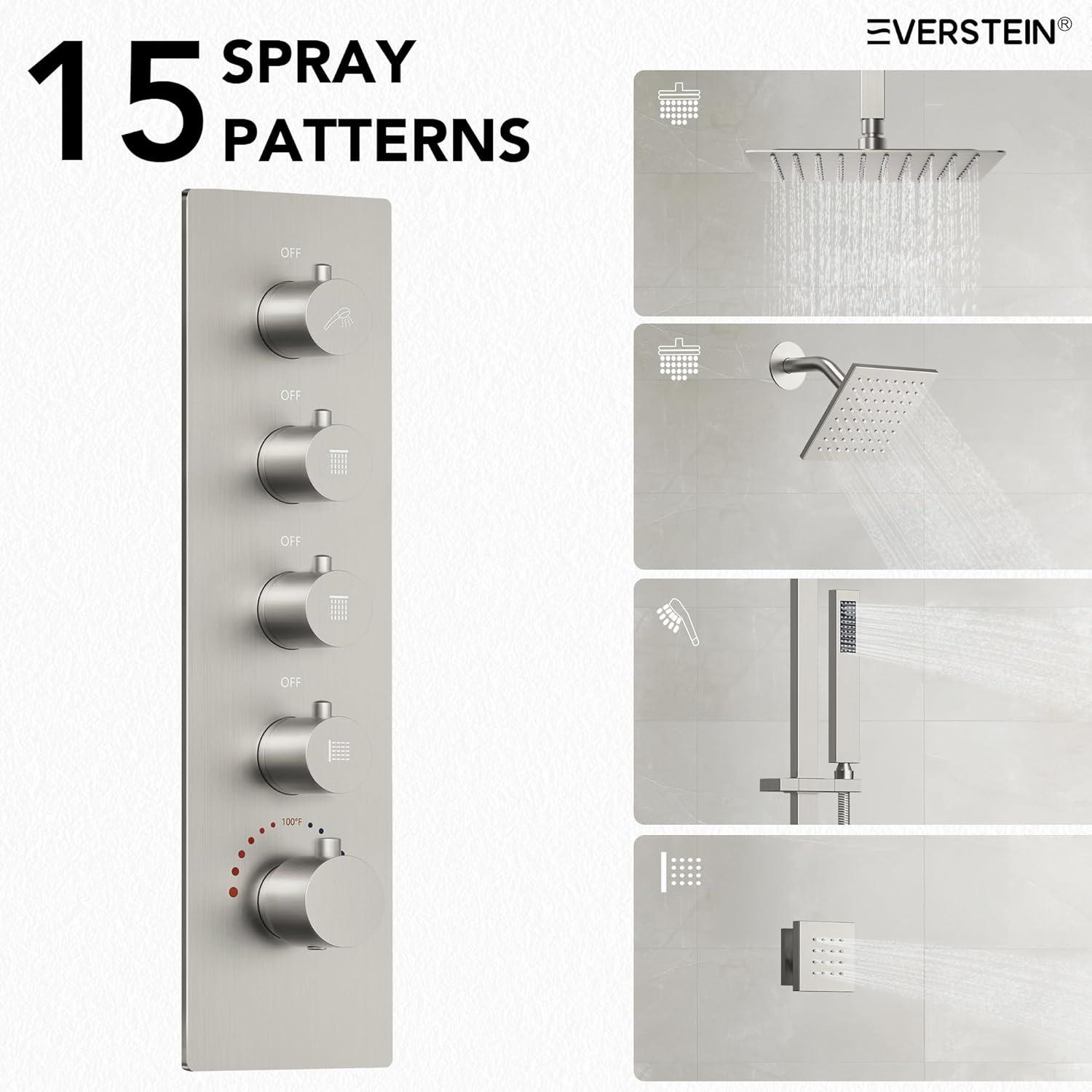 DualJetSpa 15-Spray Patterns 16" & 6" Dual Shower Head, Shower FaucetSystem with Thermostatic Rough-in Valve and Body Jets