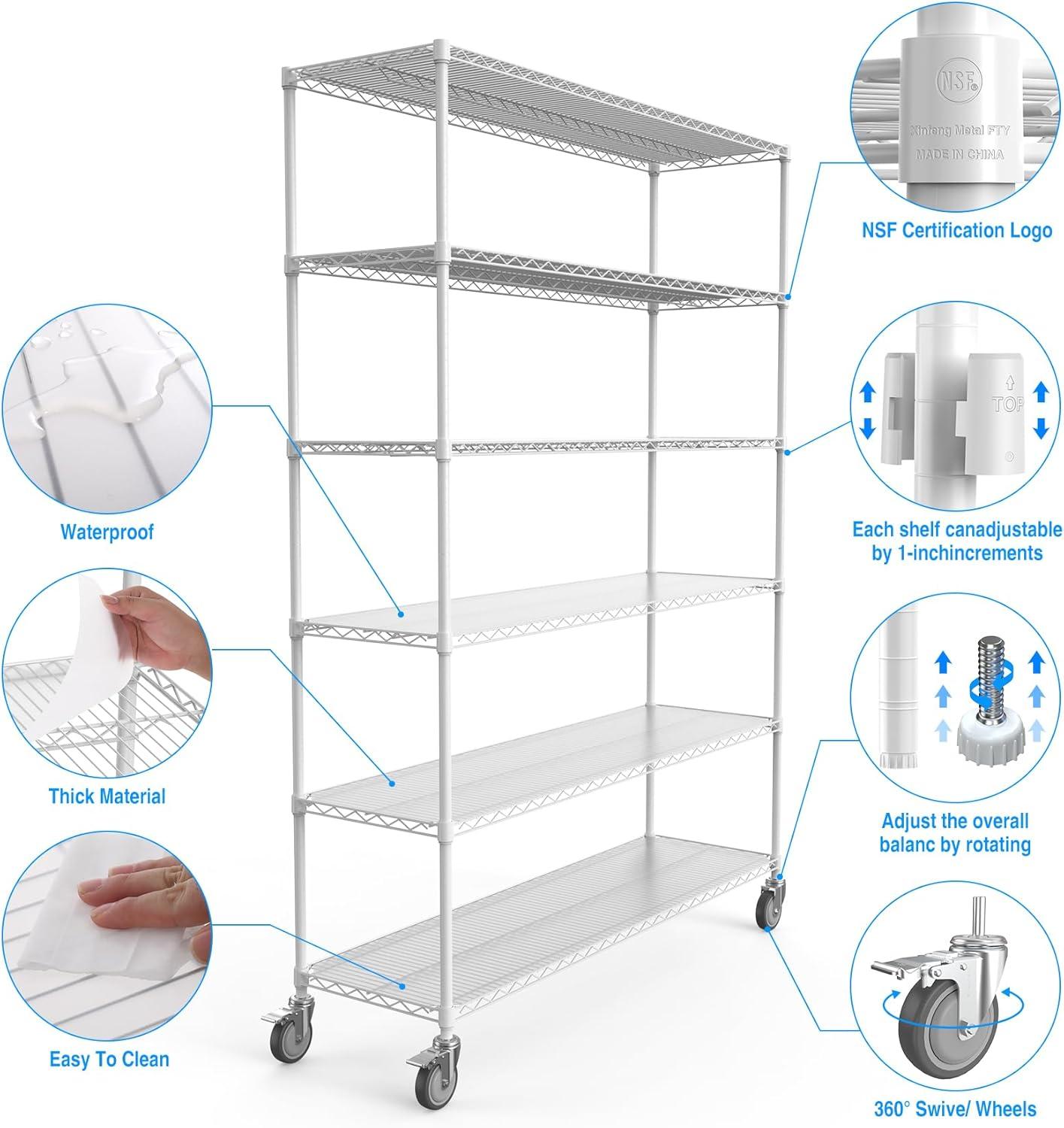 White Heavy Duty 6-Tier Metal Storage Rack with Wheels