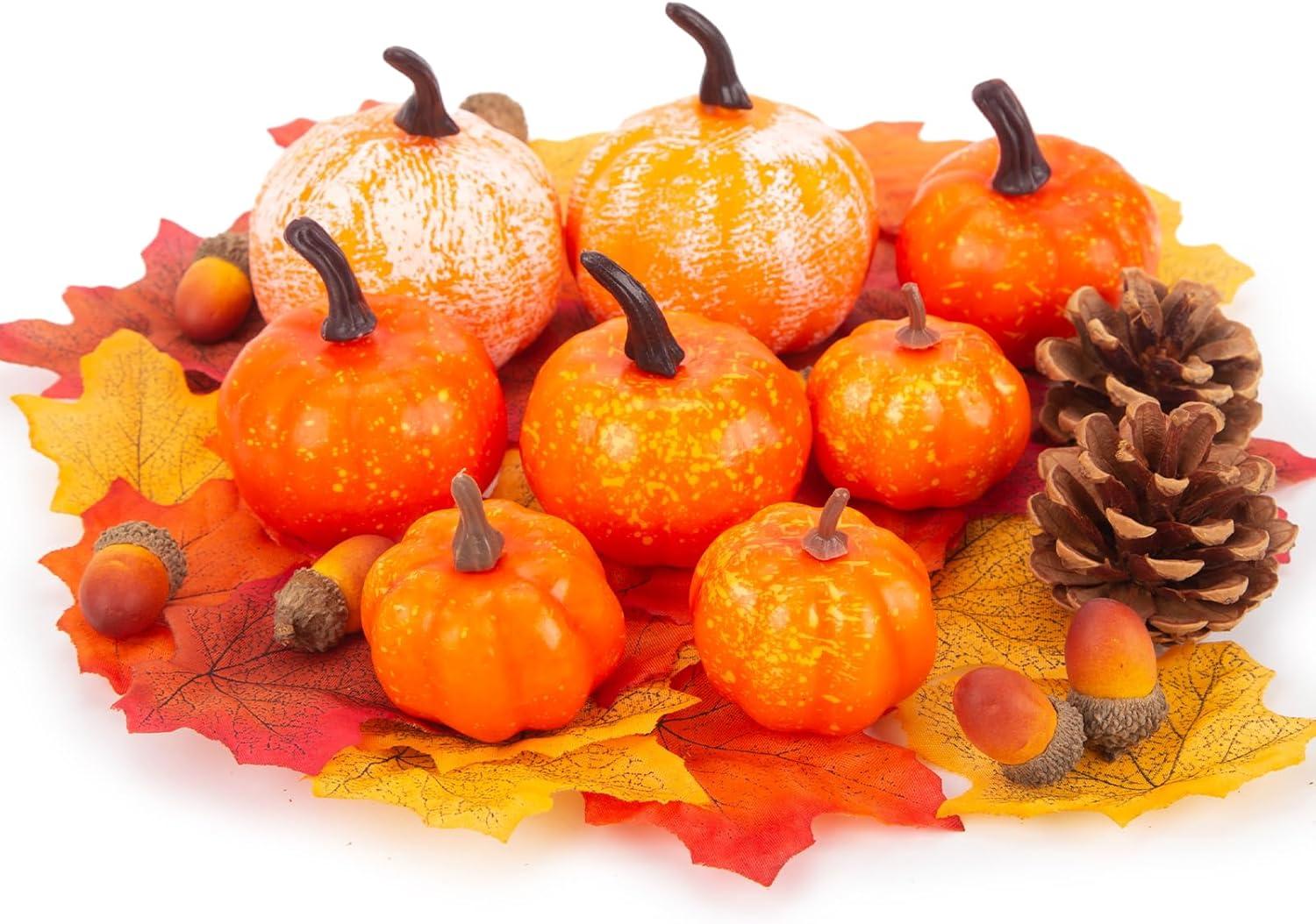 Autumn Harvest Artificial Pumpkins and Maple Leaves Set