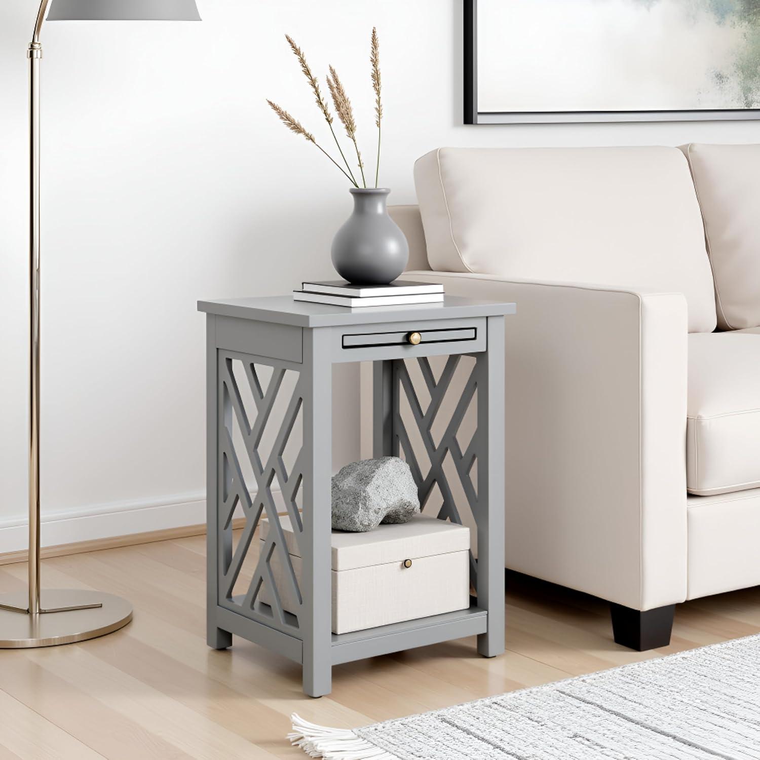 Alaterre Furniture Coventry Wood End Table with Tray Shelf and Bottom Shelf, Gray