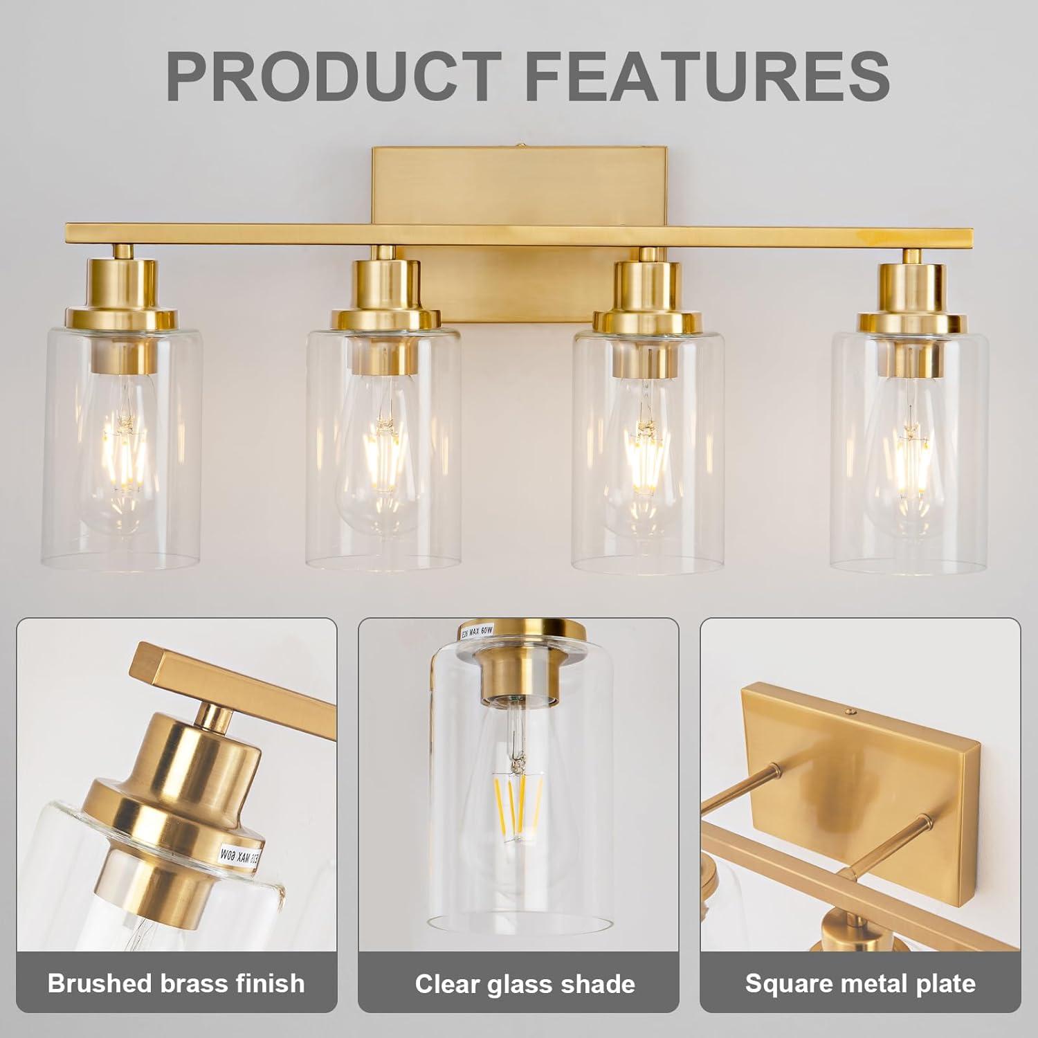 Gold 4-Light Modern Vanity Fixture with Clear Glass Shades