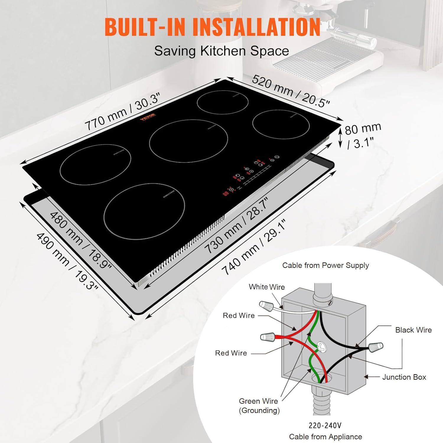 30-Inch Black Ceramic 5-Burner Induction Cooktop with Touch Control