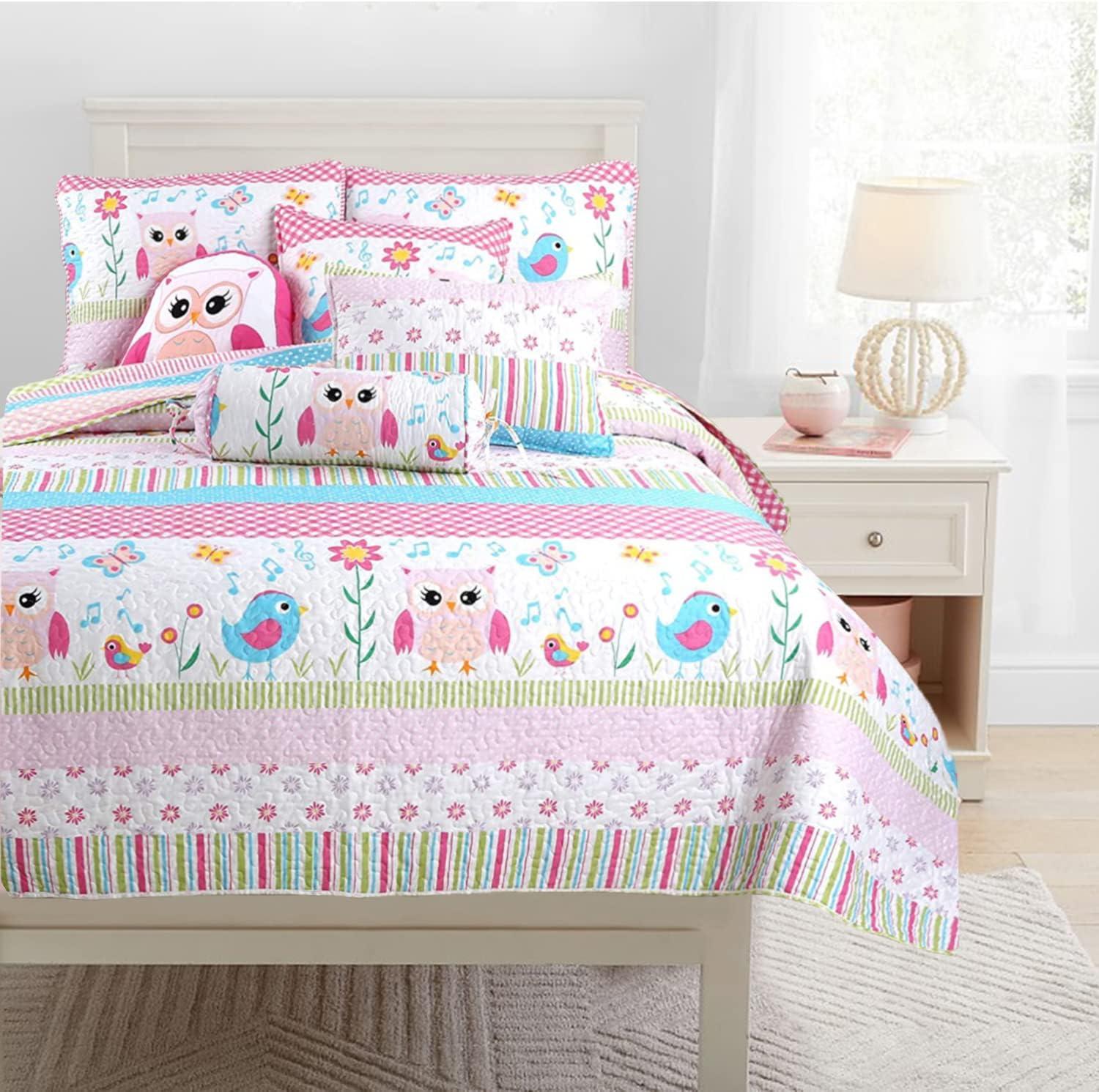 Cozy Line Home Fashions Cozy Line Happy Owl Floral Pink Reversible Quilt Bedding Set Twin 2 Piece