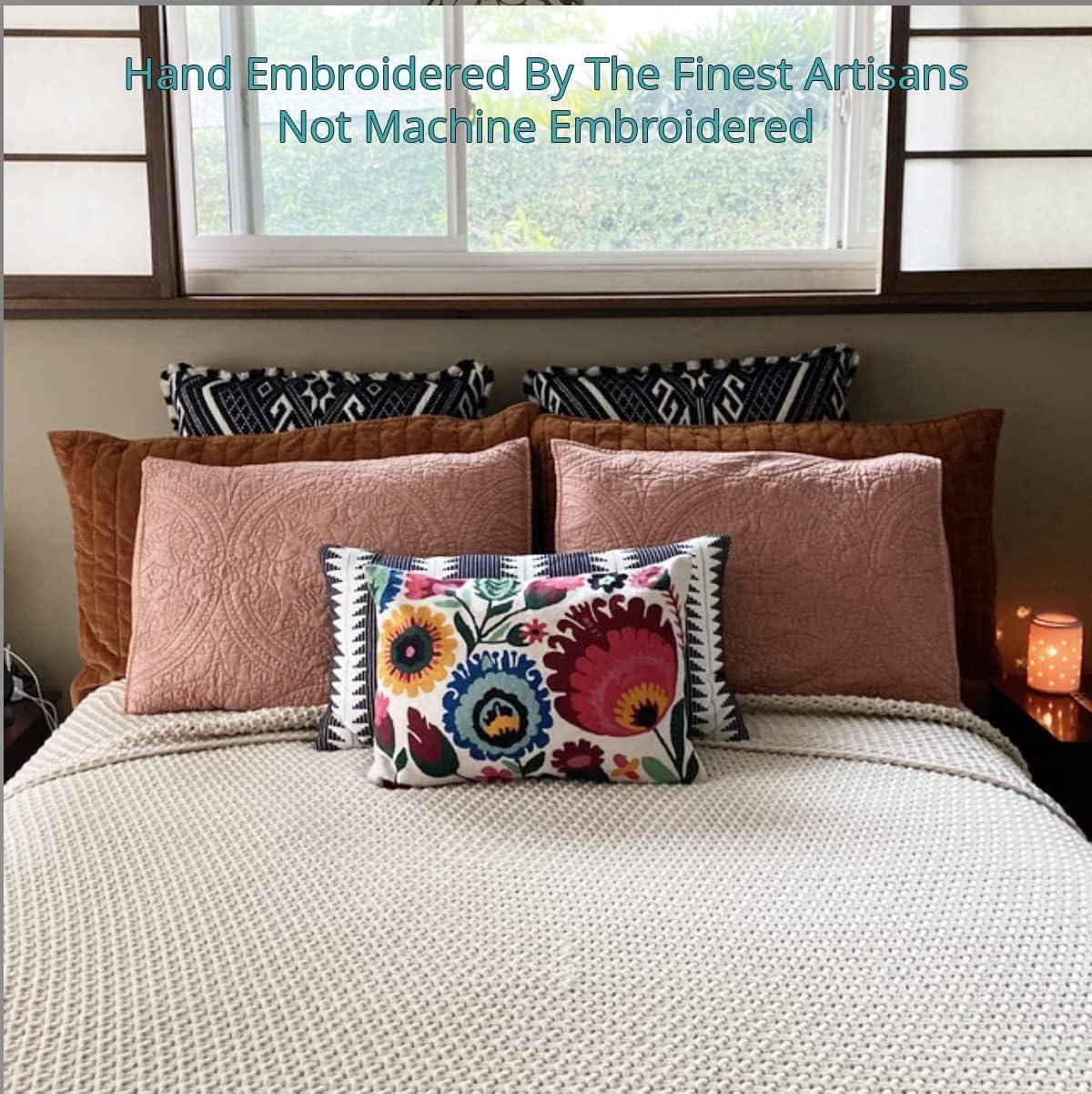 Hand Embroidered Multicolor Floral Lumbar Pillow Cover