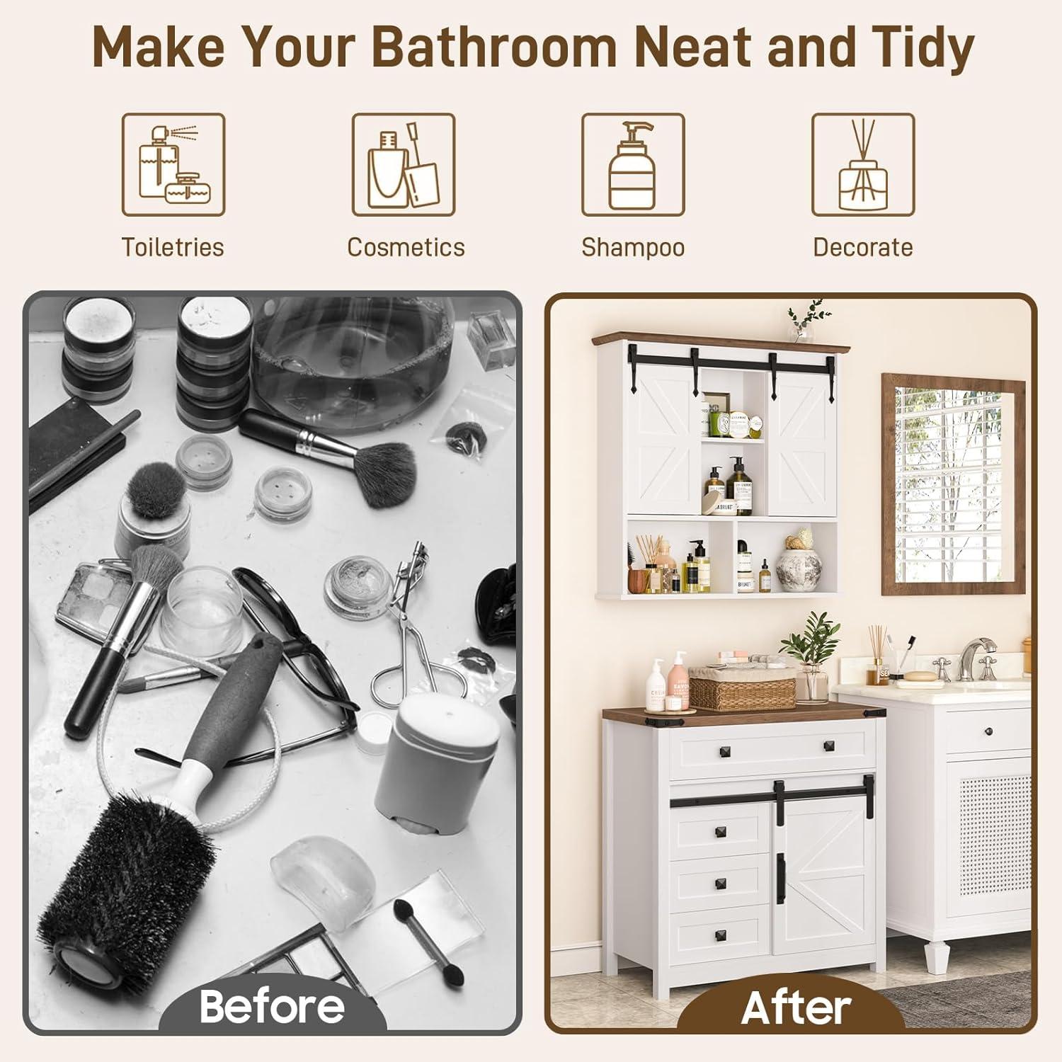 Farmhouse Storage Cabinet, Bathroom Cabinet with Sliding Barn Doors, Floor Storage Cabinet with Adjustable Shelves and 4 Drawers for Kitchen, Living Room, Dining Room, Modern White