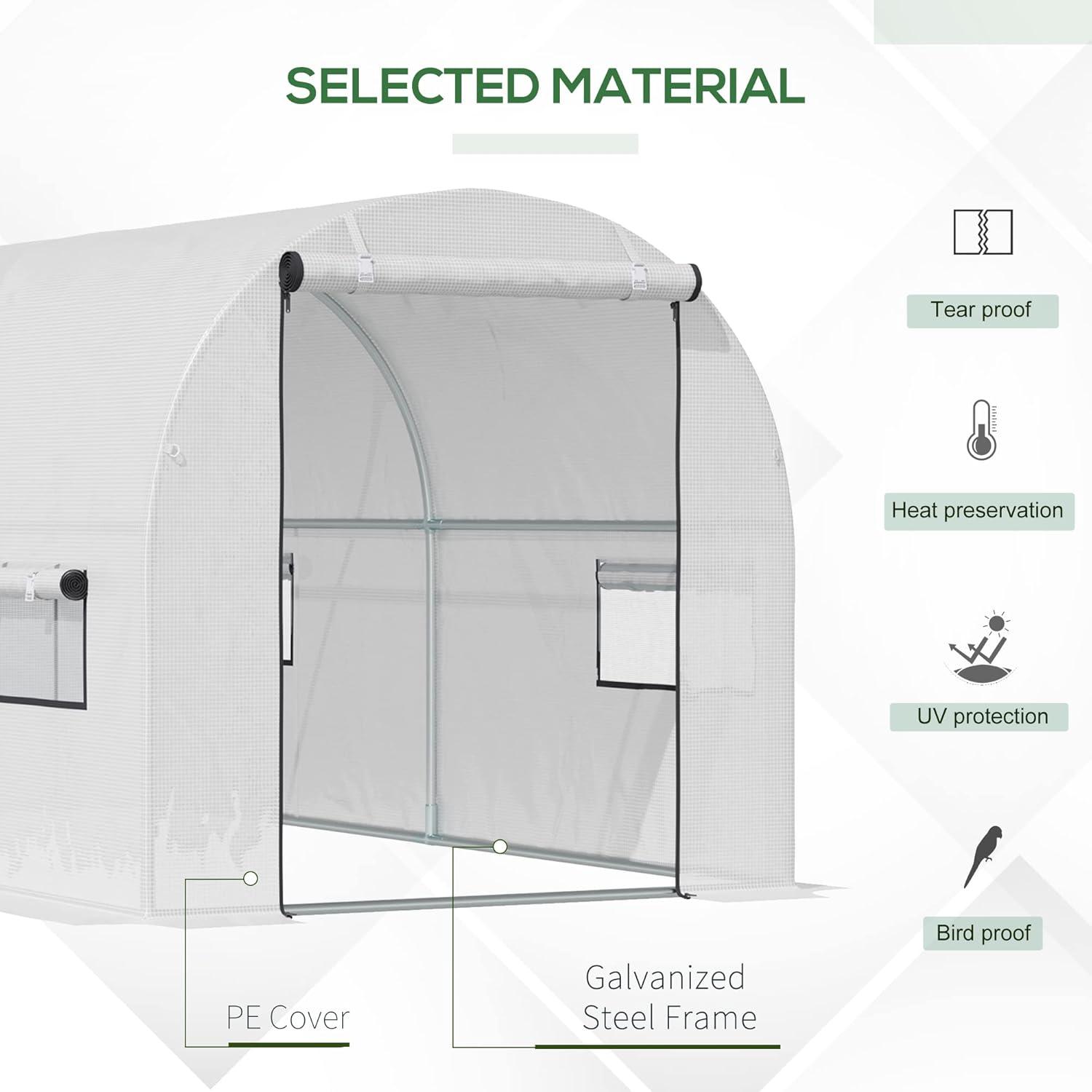 Outsunny 10' x 7' x 6' Walk-In PE Greenhouse with 2 Roll-up Zipper Doors & 6 Roll-up Windows for Plants