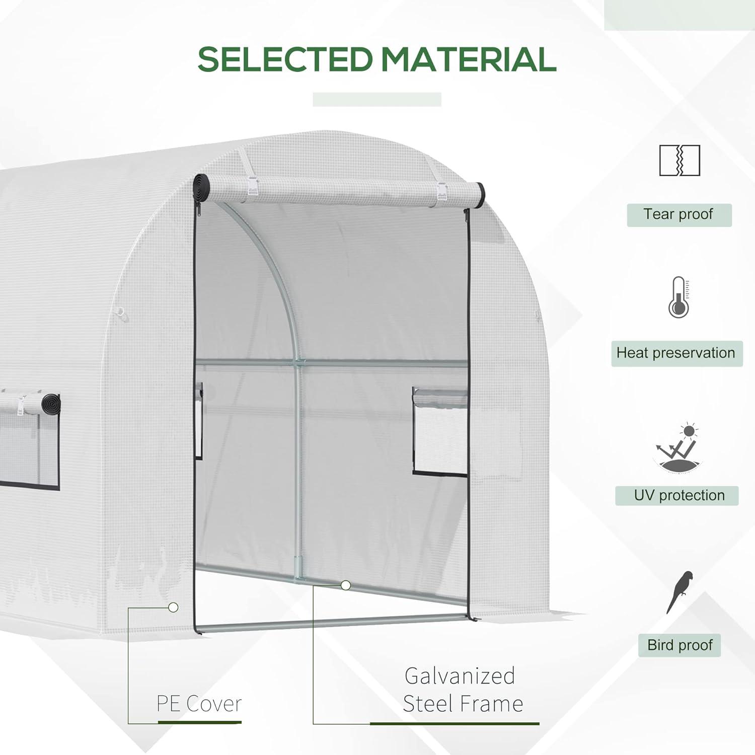 Outsunny 9.6' x 6.5' x 6.2' Walk-In PE Greenhouse with 2 Roll-up Zipper Doors & 6 Roll-up Windows for Plants, White
