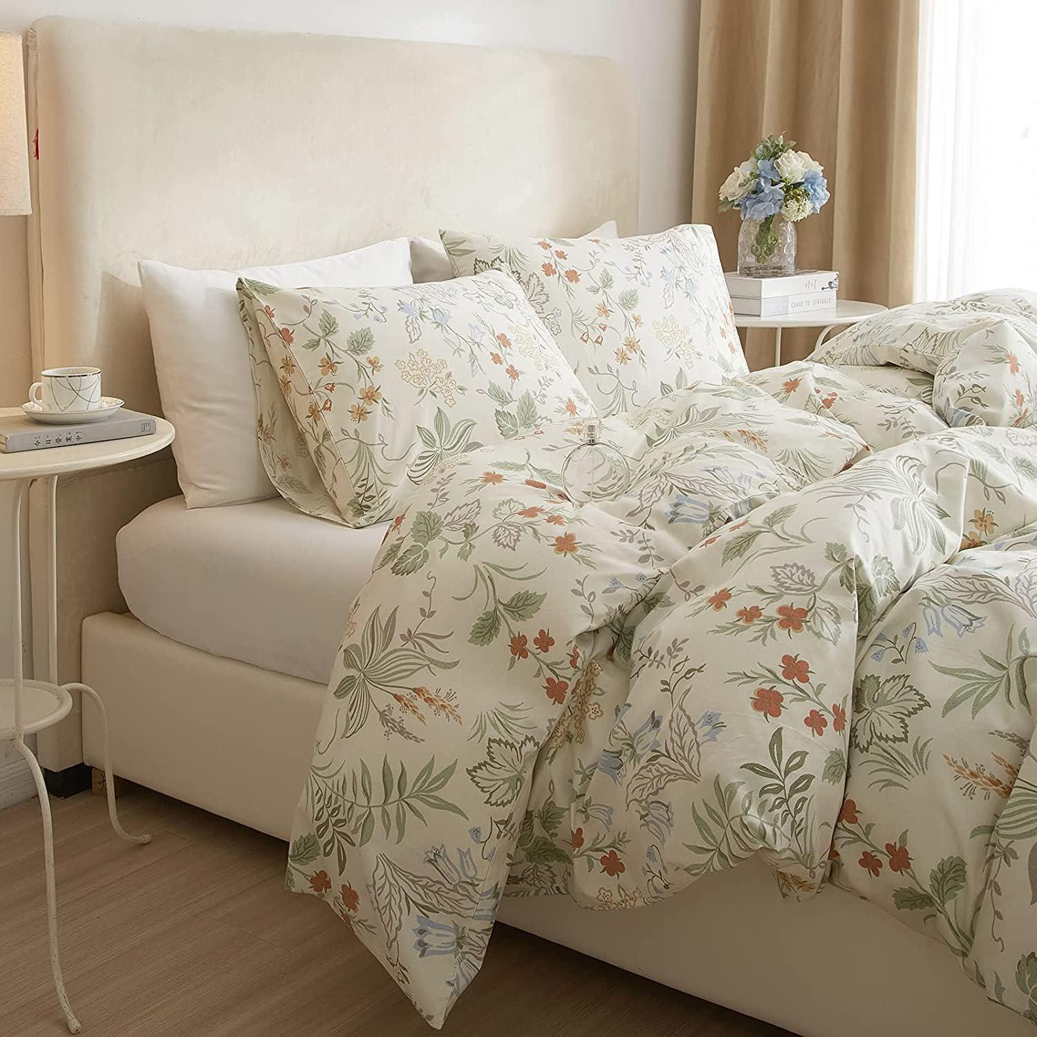 King White Cotton Botanical Floral Duvet Cover Set