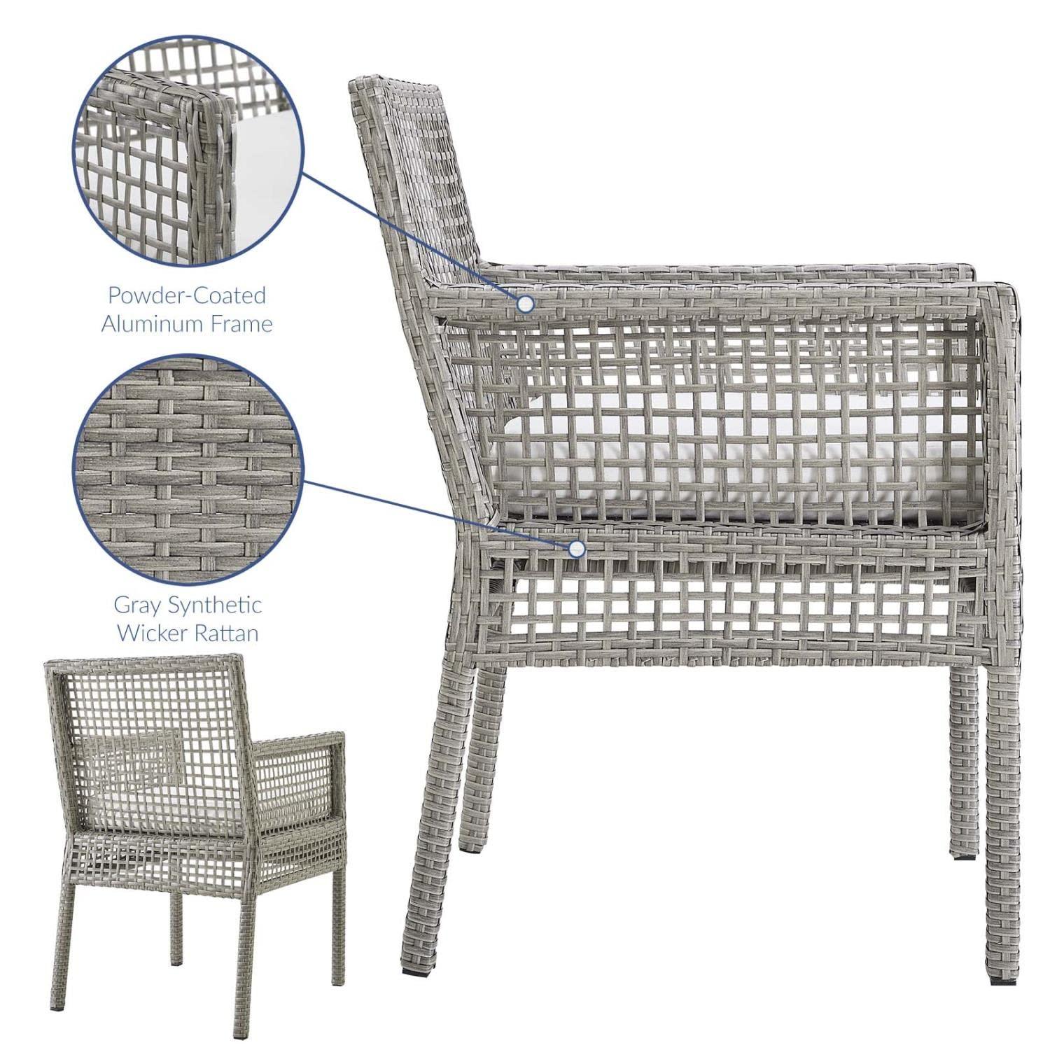 Modway Aura Outdoor Dining Armchair – Gray White Wicker Rattan Patio Chair with Cushions, All-Weather Build