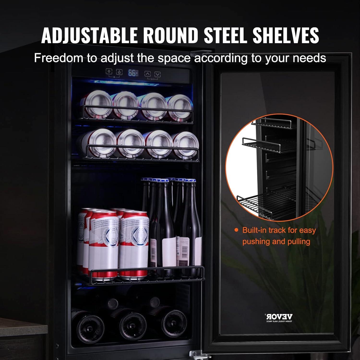 VEVOR Wine Cooler, 30 Bottles Capacity Under Counter Built-in or Freestanding Wine Refrigerator, Beverage Cooler with Blue LED Light, Single Door, Child Lock for Drink Beer Soda Wine Water, ETL Listed