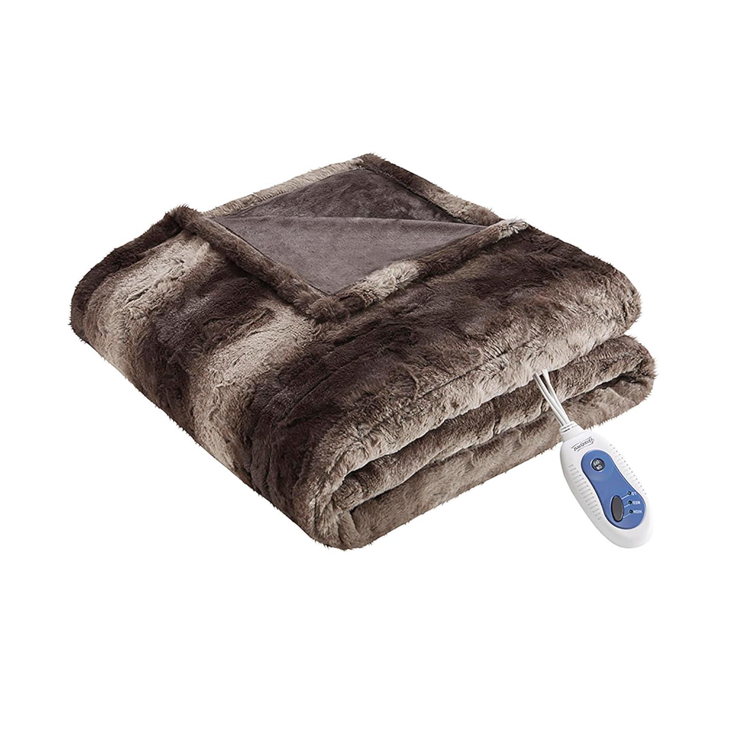 Beautyrest Zuri Reversible Faux Fur to Mink Electric Blanket, Auto Shut Off, Virtually Zero EMF, Multi Heat Setting, UL Certified, Machine Washable, Brown Throw 50x70
