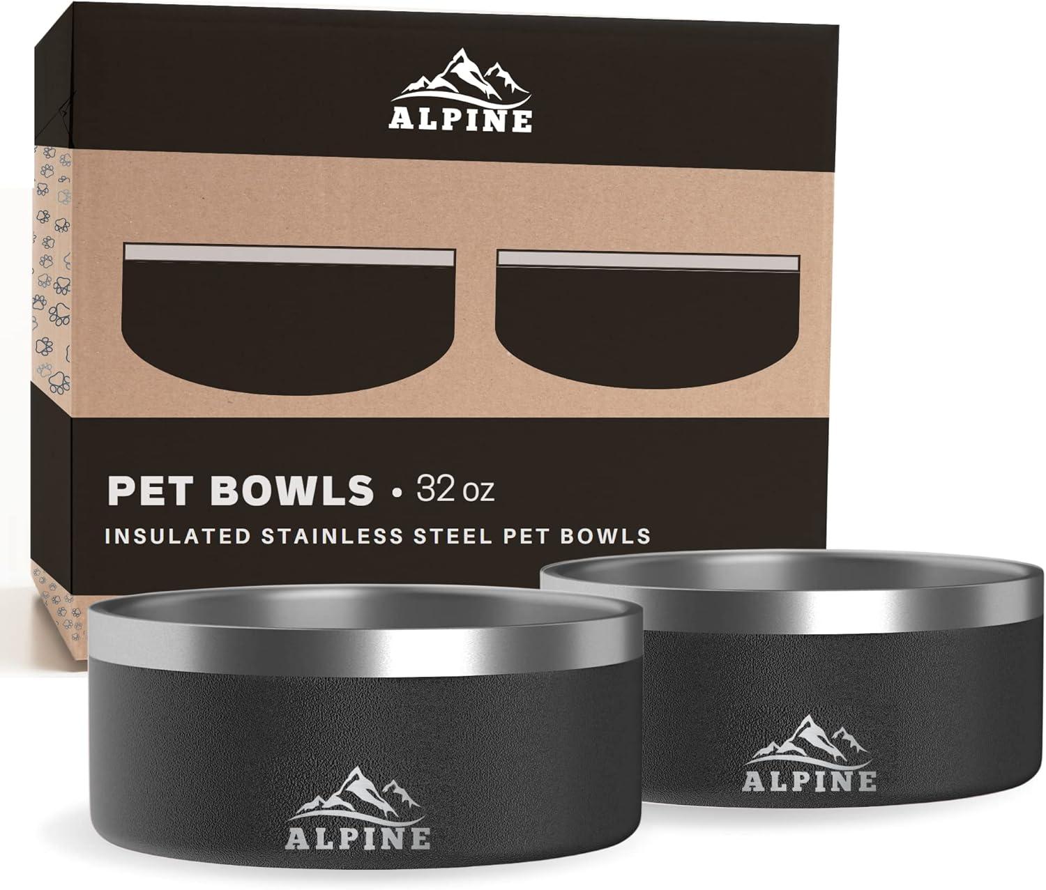 ALPINE Set of 2 Stainless Steel Dog Bowls, Non Slip, Metal Pet Bowl for Food and Water, Double Walled Insulated, Rustproof, Dishwasher Safe (32 oz, Black)