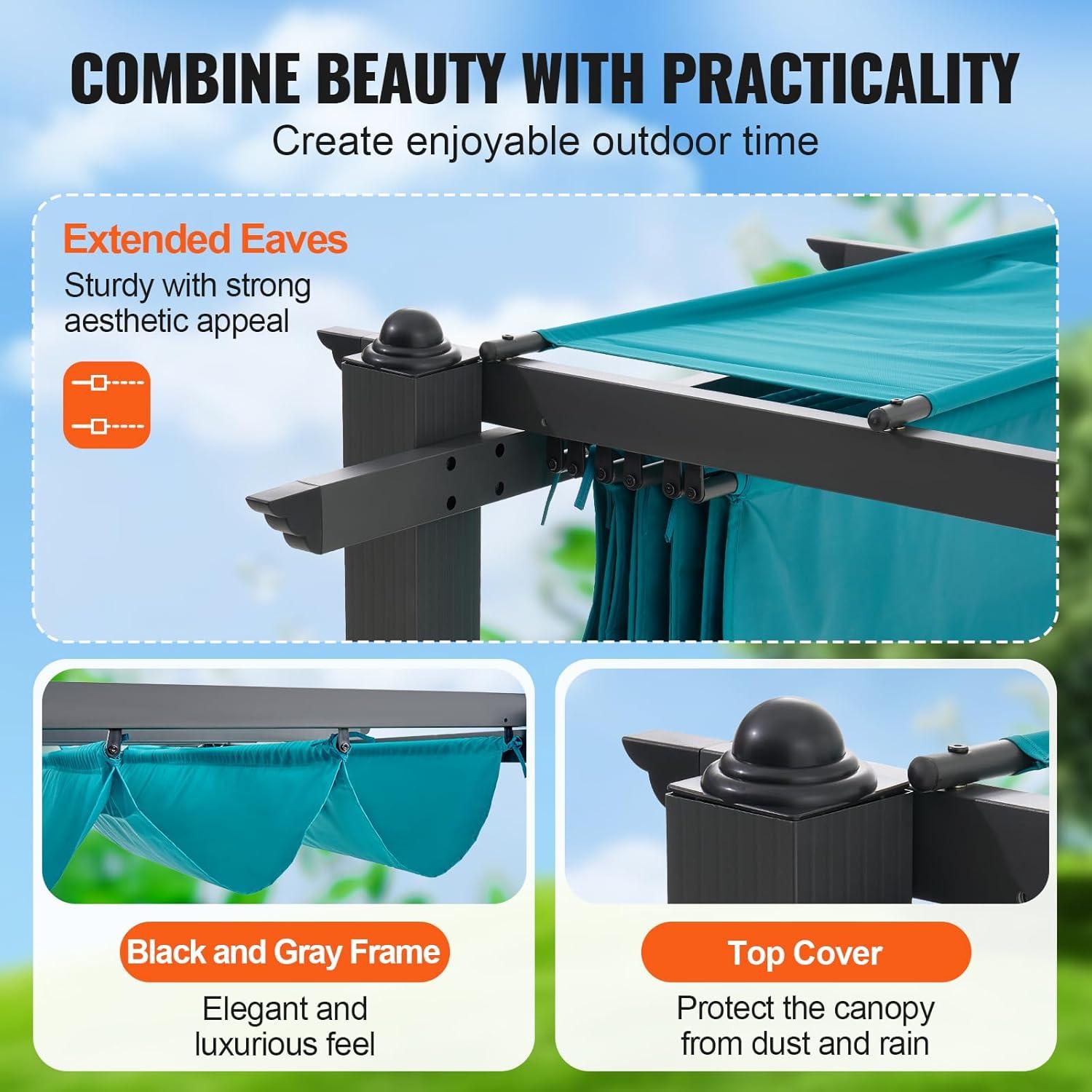 VEVOR 10'x13' Outdoor Retractable Pergola with Canopy, Aluminum Pergola with Retractable Canopy, Modern Pergola with Sun Shade Canopy, Bule