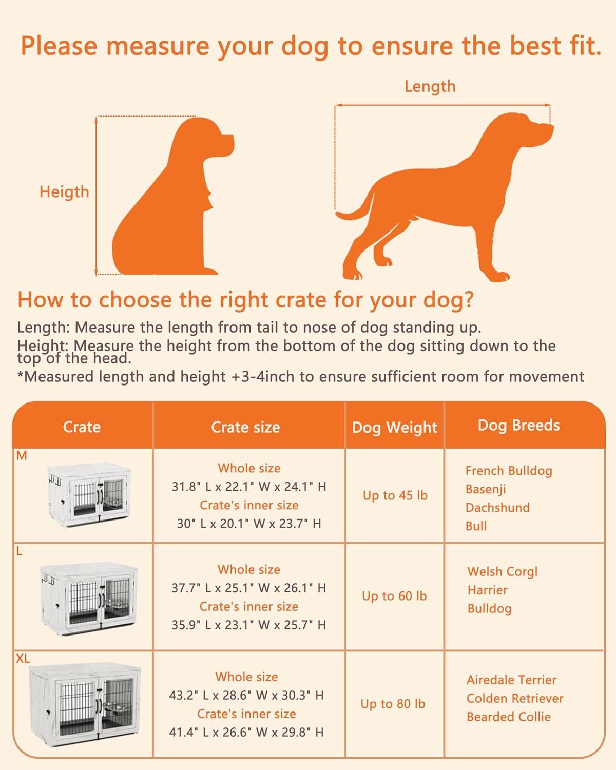 Piskyet Wooden Dog Crate Furniture with 360°Rotatable Removable Dog Bowls, Dog Crate End Table with Tray, Double Doors Dog Kennels forDogs(L:37.7" L*25.1" W*26.1" H, Marble White)