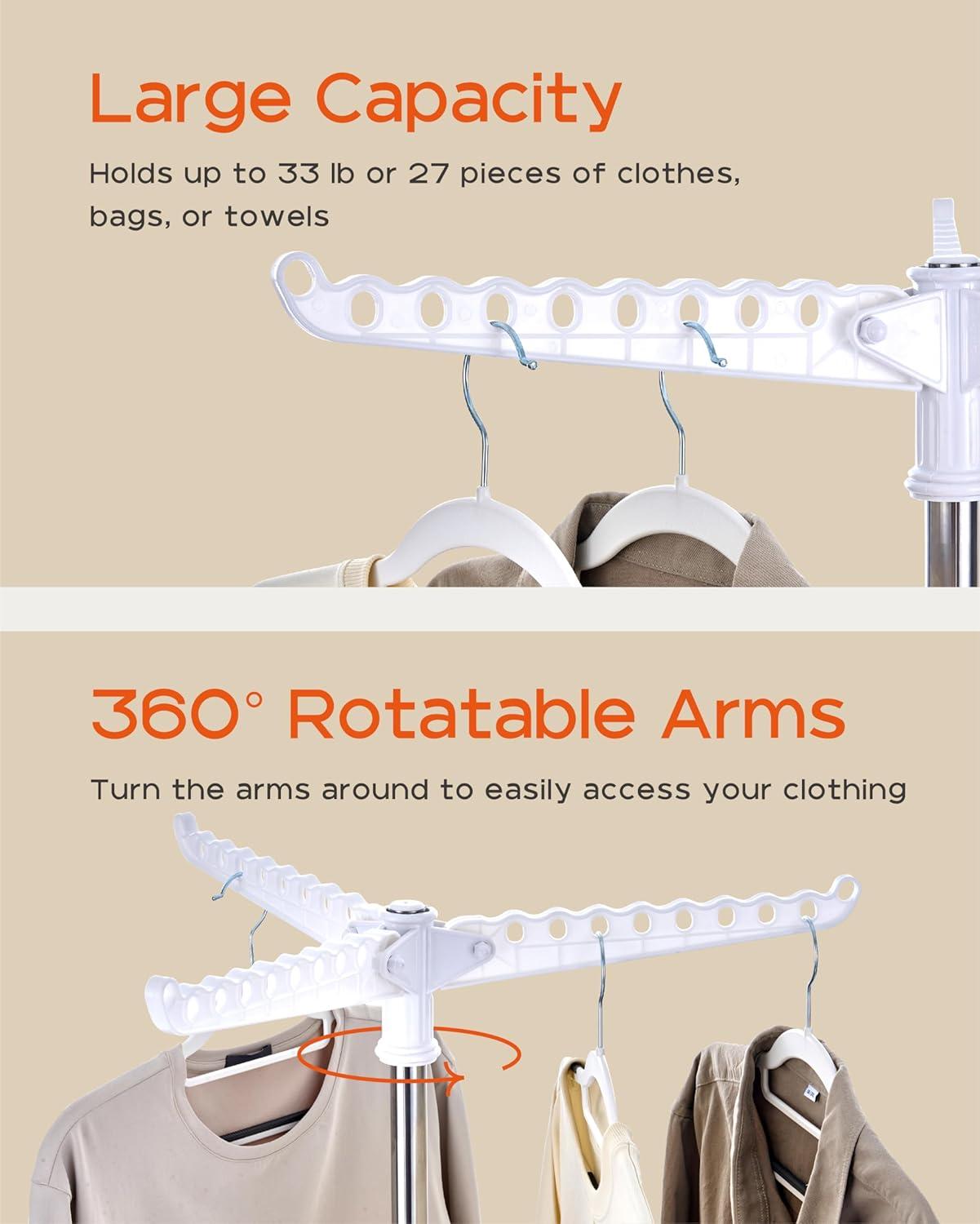 Clothes Drying Rack Foldable, 59 inch Tripod Laundry Drying Rack Indoor with Rotating Clothes Rail for 27 Pieces of Clothes, Space Saving, Stainless Steel, White and Silver CDR001W01