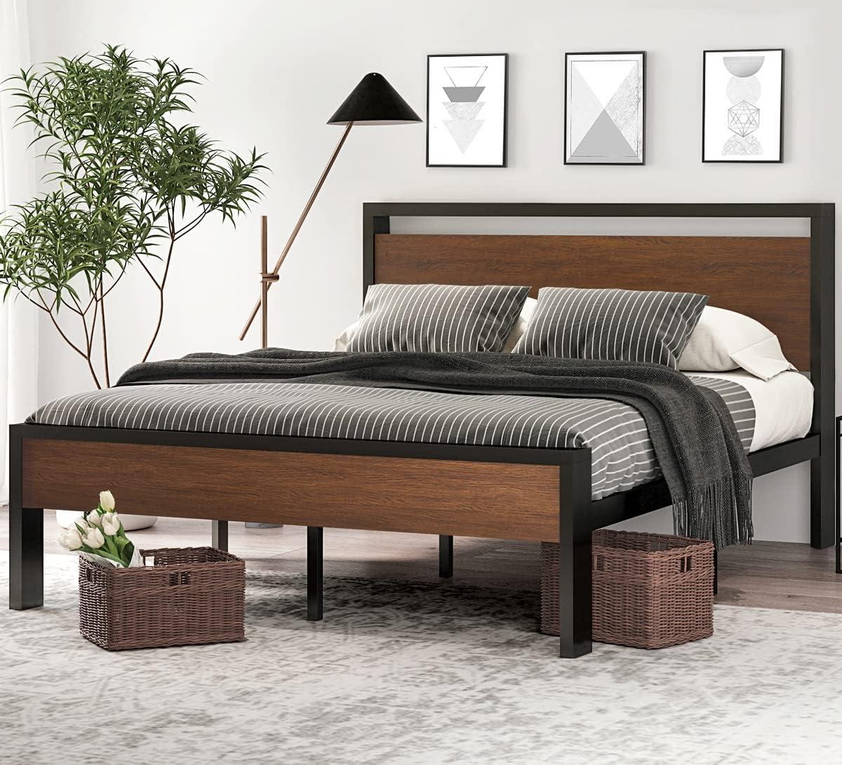 14 Inch Queen Size Metal Platform Bed Frame with Wooden Headboard and Footboard,No Box Spring Needed